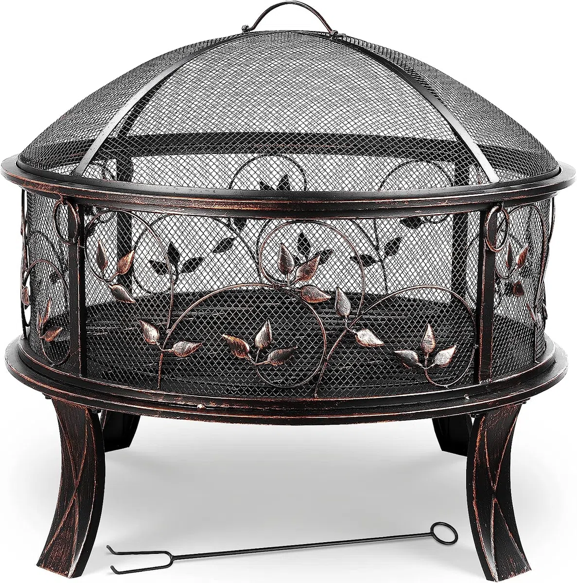 TLGREEN Braciere da giardino, braciere da Esterno con parascintille, stabile, fire pit 71 x 65 cm, con griglia per poker, 4 PCS piede, campeggio, spiaggia, tetto, look retrò, squisito motivo erba