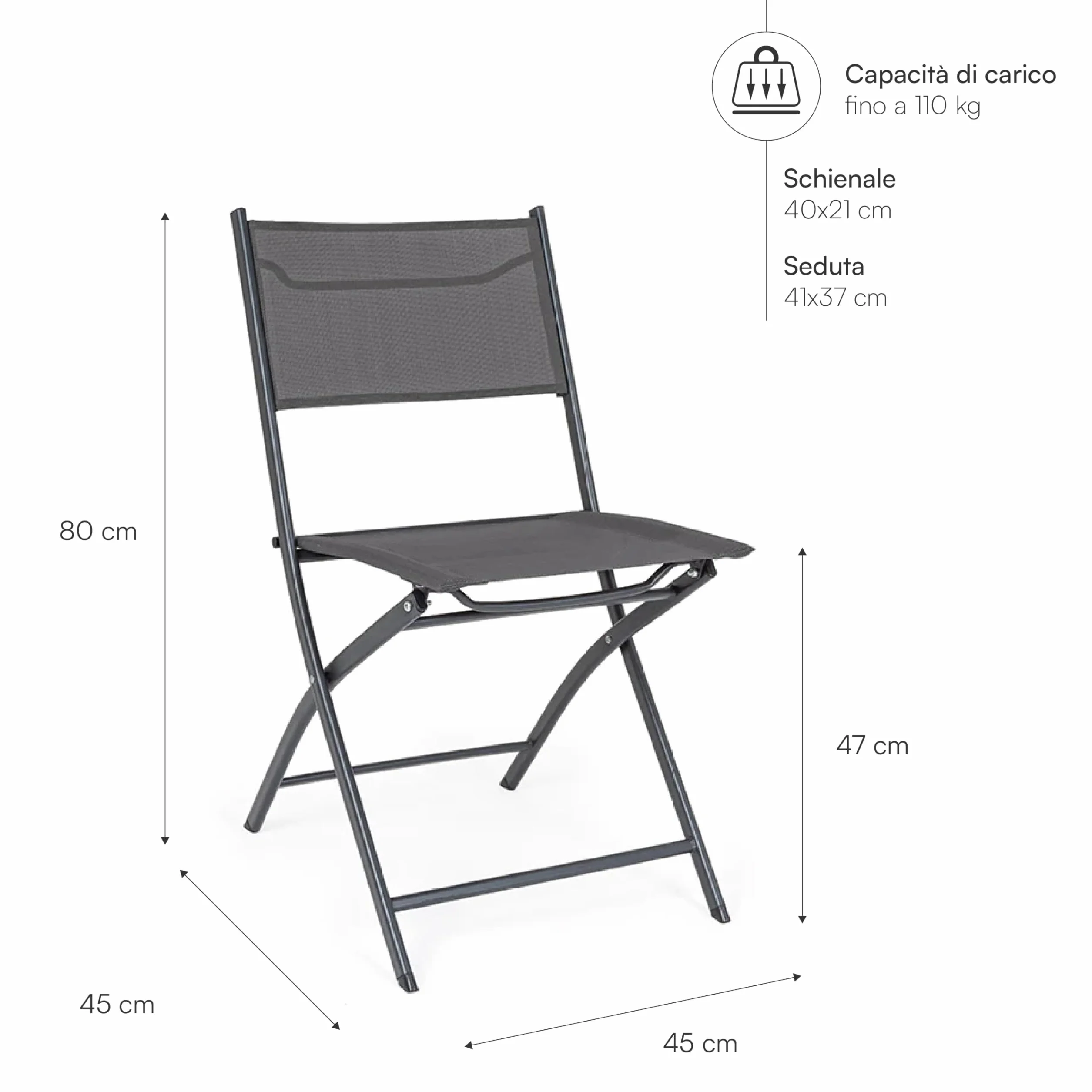 Baroni Home Set 4 Pieghevoli Sedie da Esterno, Sedie da Giardino Richiudibili Impermeabili, 45x45x80 cm Grigio