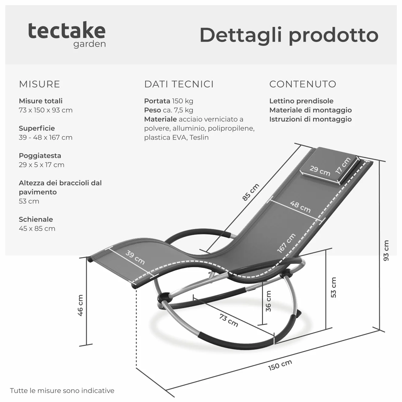 Lettino Giardino Ergonomico Pieghevole Con Cuscino Portata 150kg Anti-Ribaltamento Grigio