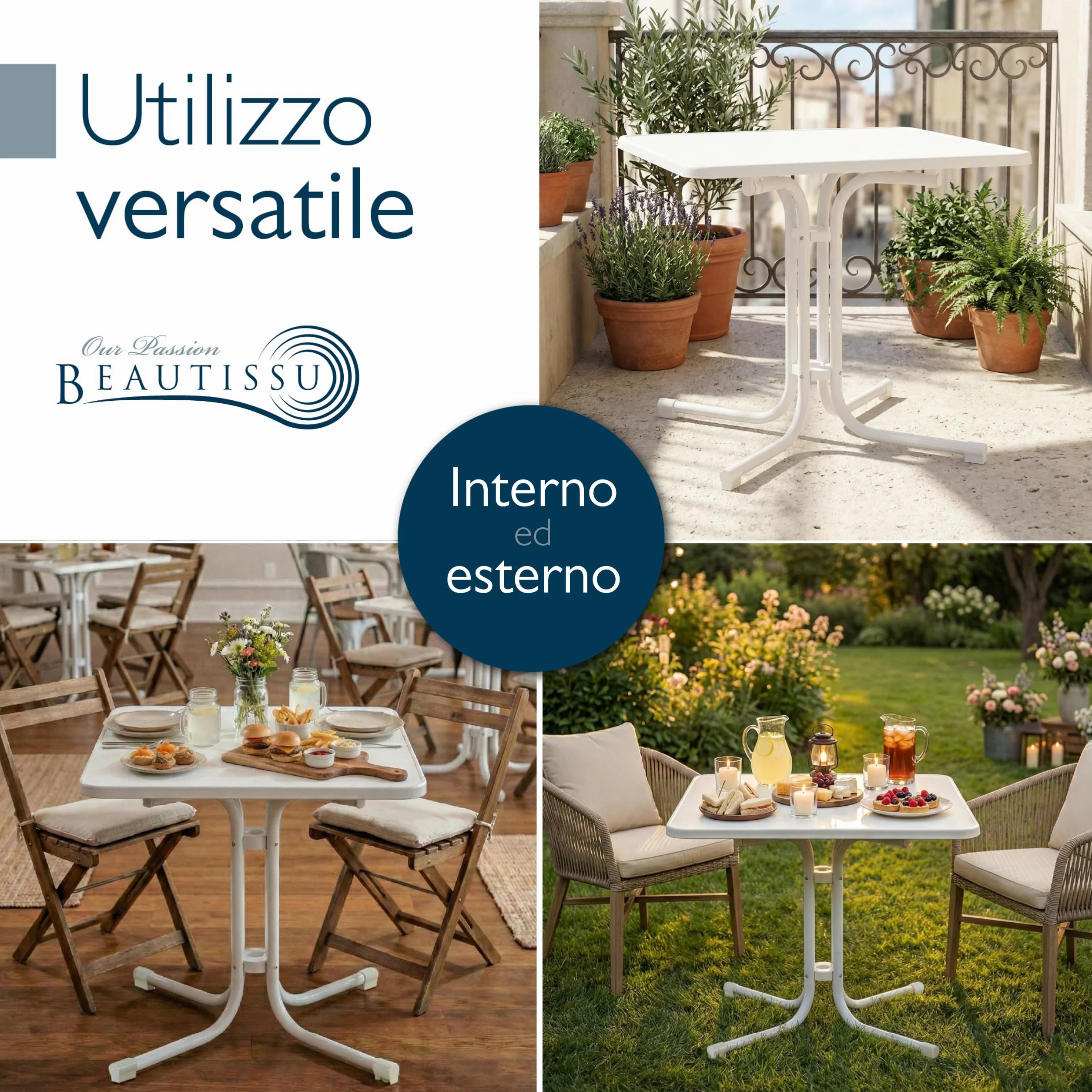 Beautissu Tavolo Bistrot da Esterno 80x80 cm – Tavolino da Balcone Giardino Terrazza Pieghevole H 70 cm – Tavolo da Campeggio Feste Bar Ristorante – Bianco – Bistroni