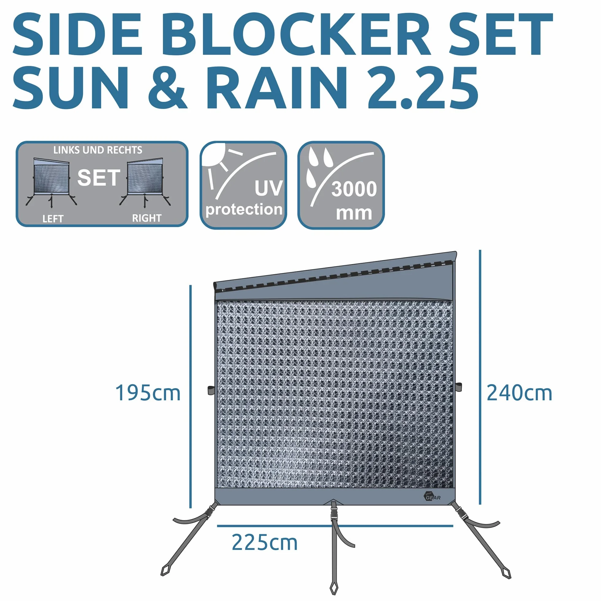 GEAR Sun & Rain Blocker Parete anteriore per tenda da sole, protezione UPF 50+, colonna d'acqua 3000 mm, 3 profili diametro 4,3, 6,2 e