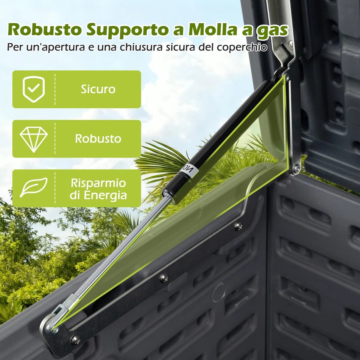 COSTWAY Baule da Esterno 300L Impermeabile in Resina, Cassapanca Contenitore da Esterno con Pistoni a Gas, Predisposizione per Serratura e 2 Maniglie Laterali, Resistente, 114 x 55 x 61 cm (Grigio)