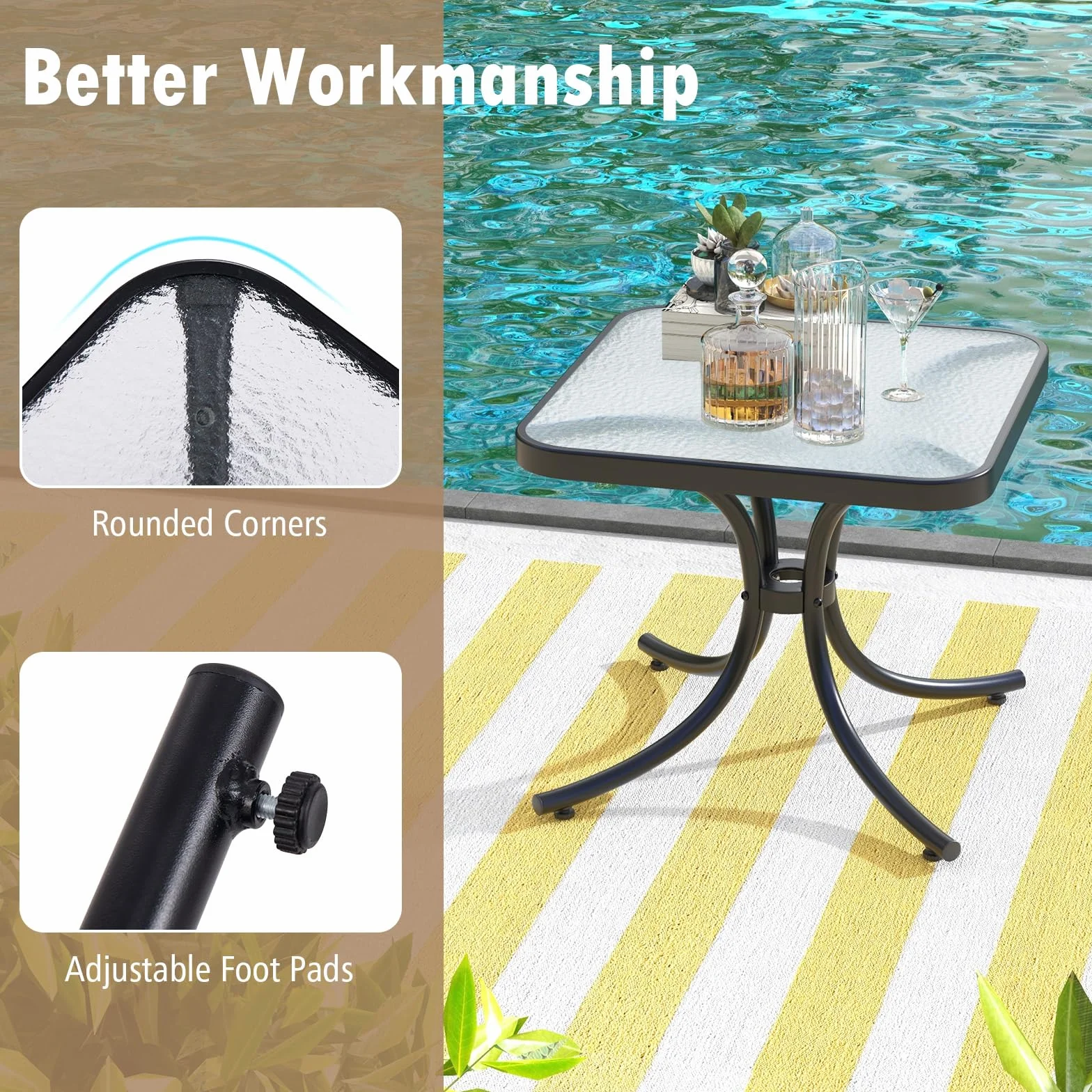GIANTEX Tavolino da Giardino 50 cm, Tavolino Quadrato con Piano in Vetro Temperato, Struttura Metallica Resistente, Tavolino da Caffè da Esterno per Giardino, Balcone, Piscina, Nero