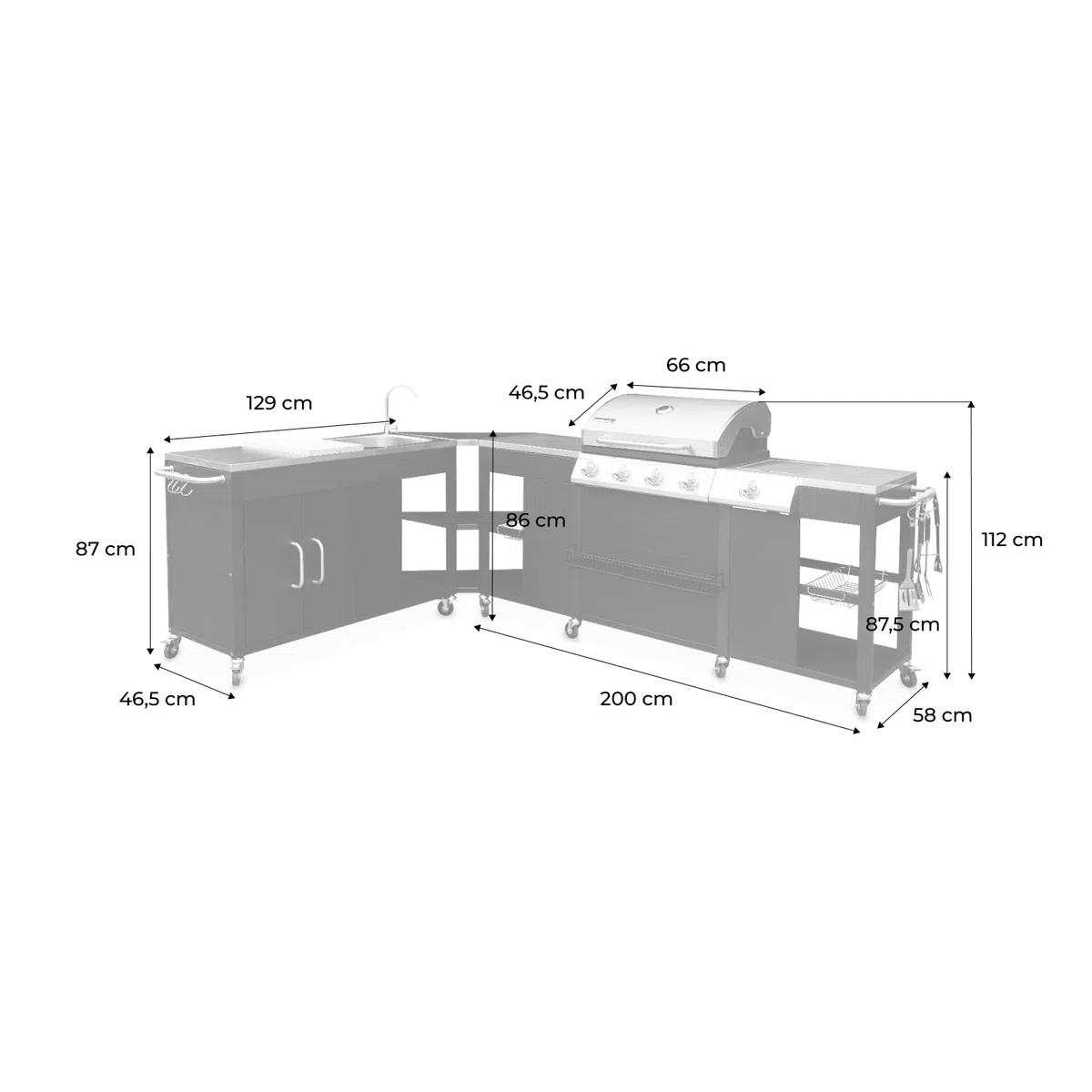 Modulo cucina da esterno con barbecue a 4 bruciatori, fuoco laterale, lavello e porta utensili Nero 247x187x112 cm