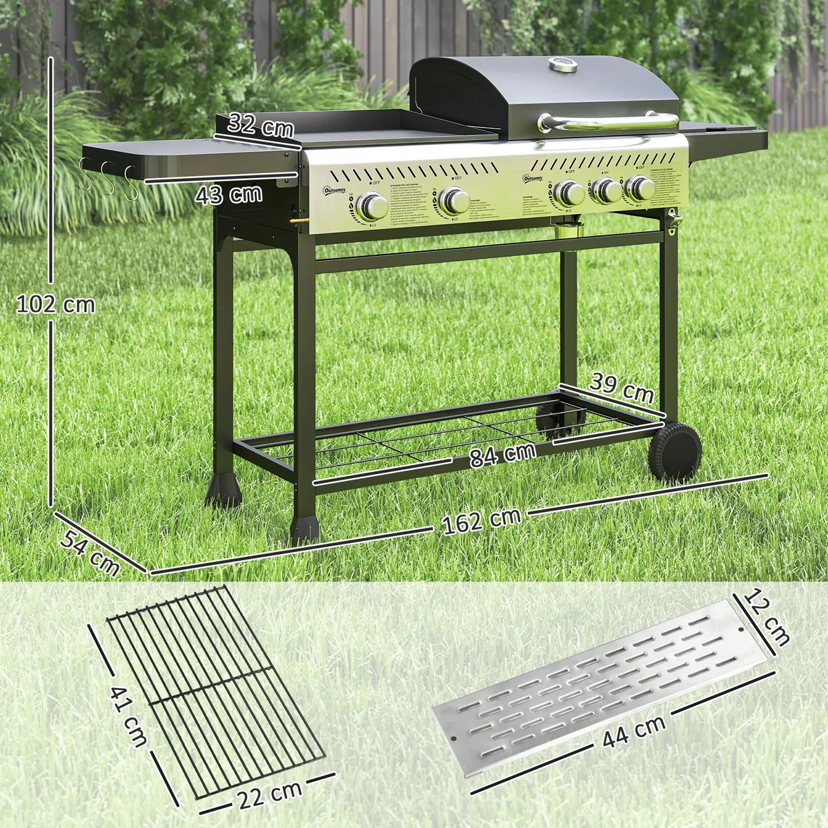 Outsunny Grill Gazowy 4+1 Palniki 12kW z Termometrem, Stal, Czarny Srebrny