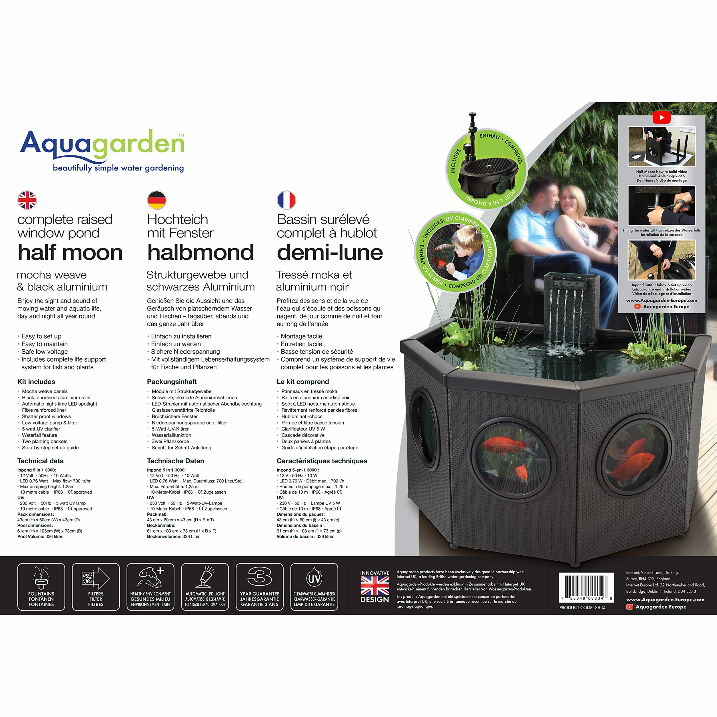 Aquagarden, Affinity, Kit Completo per laghetto Alto con finestre, a Forma di Mezzaluna, Piscina con Gioco d'Acqua, tra Cui Inpond 5 in 1 2000 Pompa dell'Acqua e Stagno con chiarificatore UV, Tre