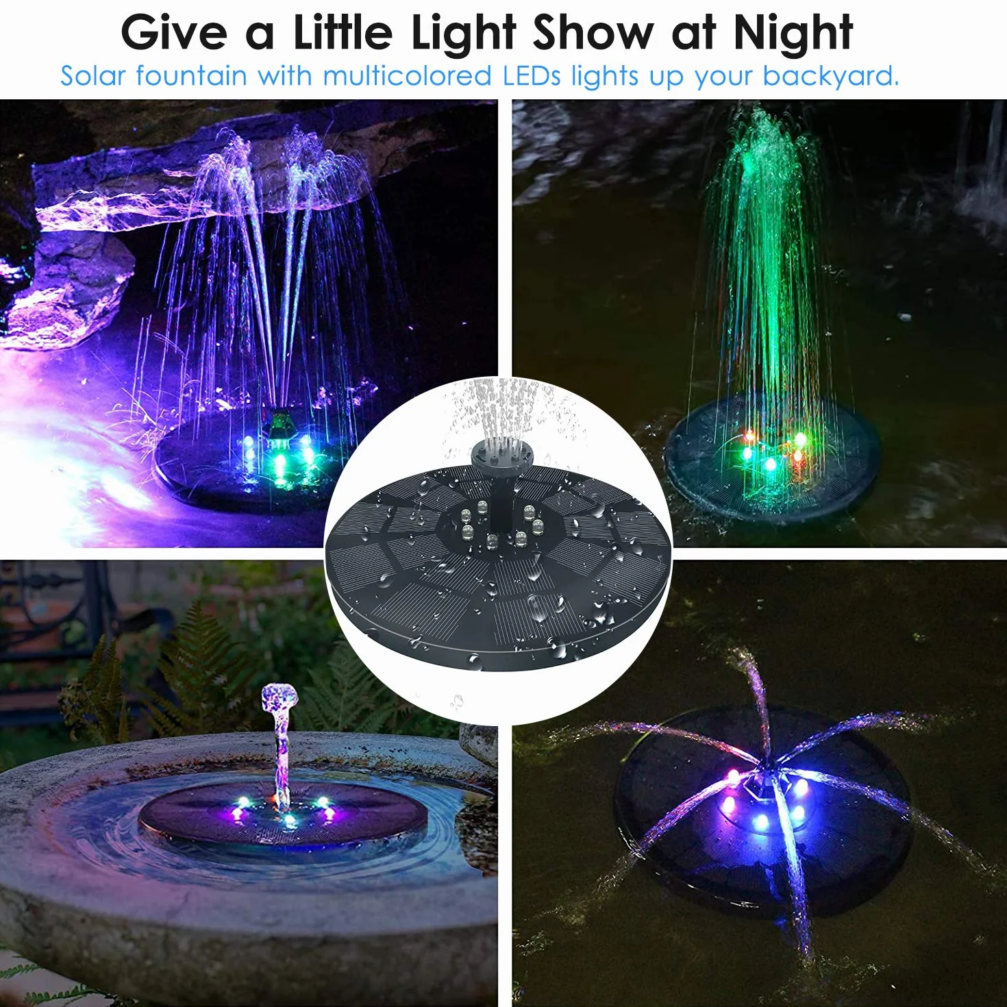 Pompa Solare per Acqua con Pannello Solare da 3 W e Batteria di Backup da 1600 mAh - Fontana Galleggiante con 7 Motivi di Spruzzo e Illuminazione a LED - Pompa Esterna Automatica