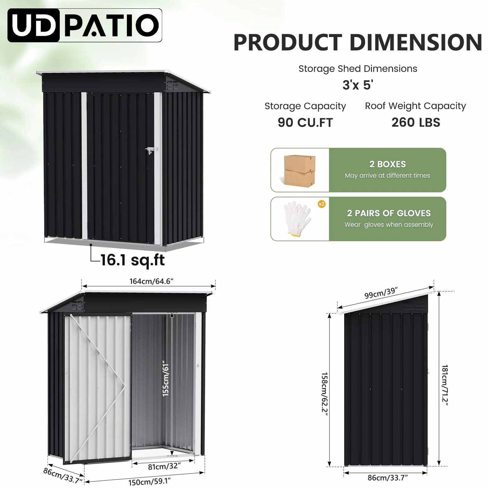 UDPATIO Casetta da Giardino in Metallo 164x86x181 cm 2.1 m³ Armadio da Esterno Impermeabile con Porta e Serratura Nero