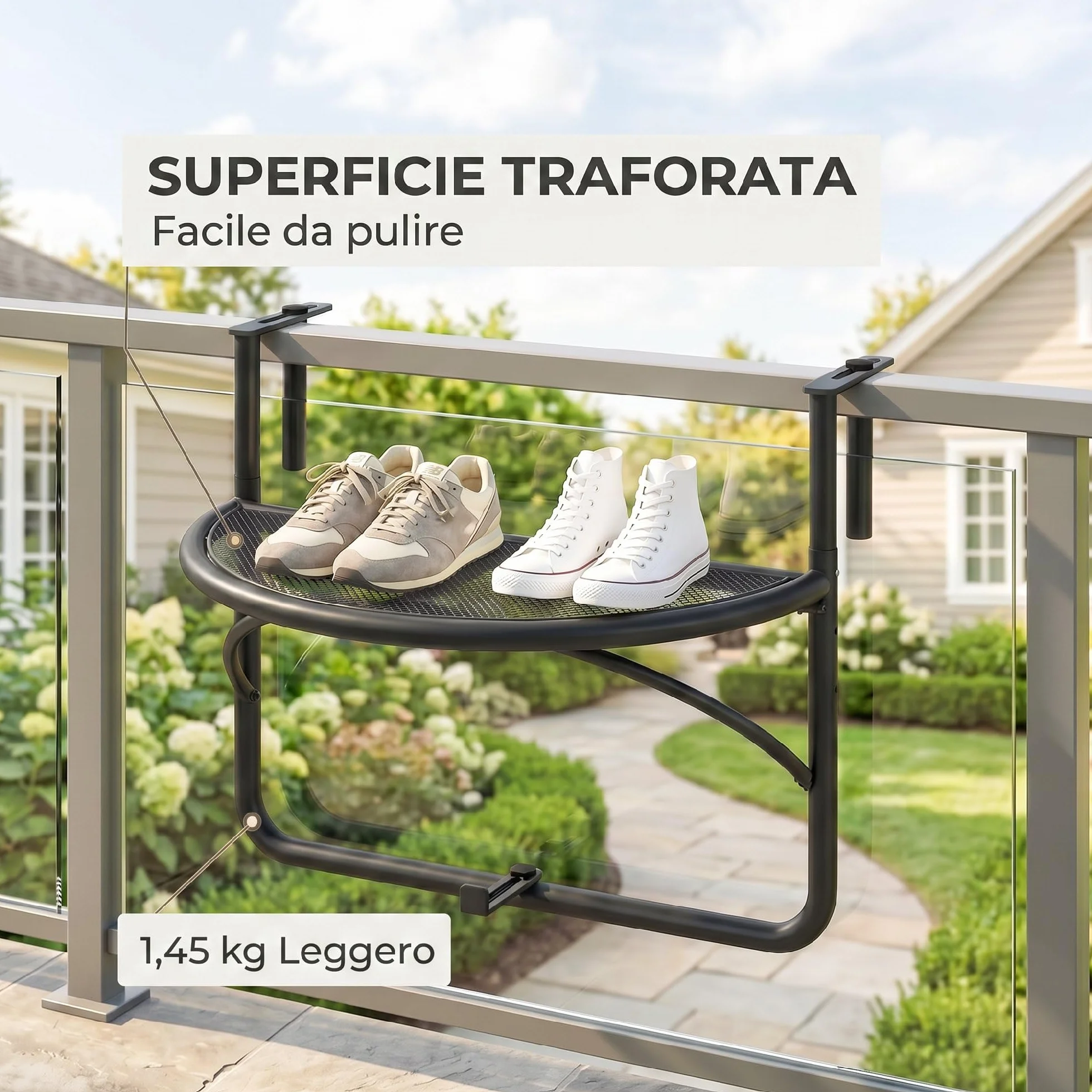 Outsunny Tavolino da Appendere alla Ringhiera del Balcone Regolabile in Altezza Ferro 60 x 45 x 50 cm Nero