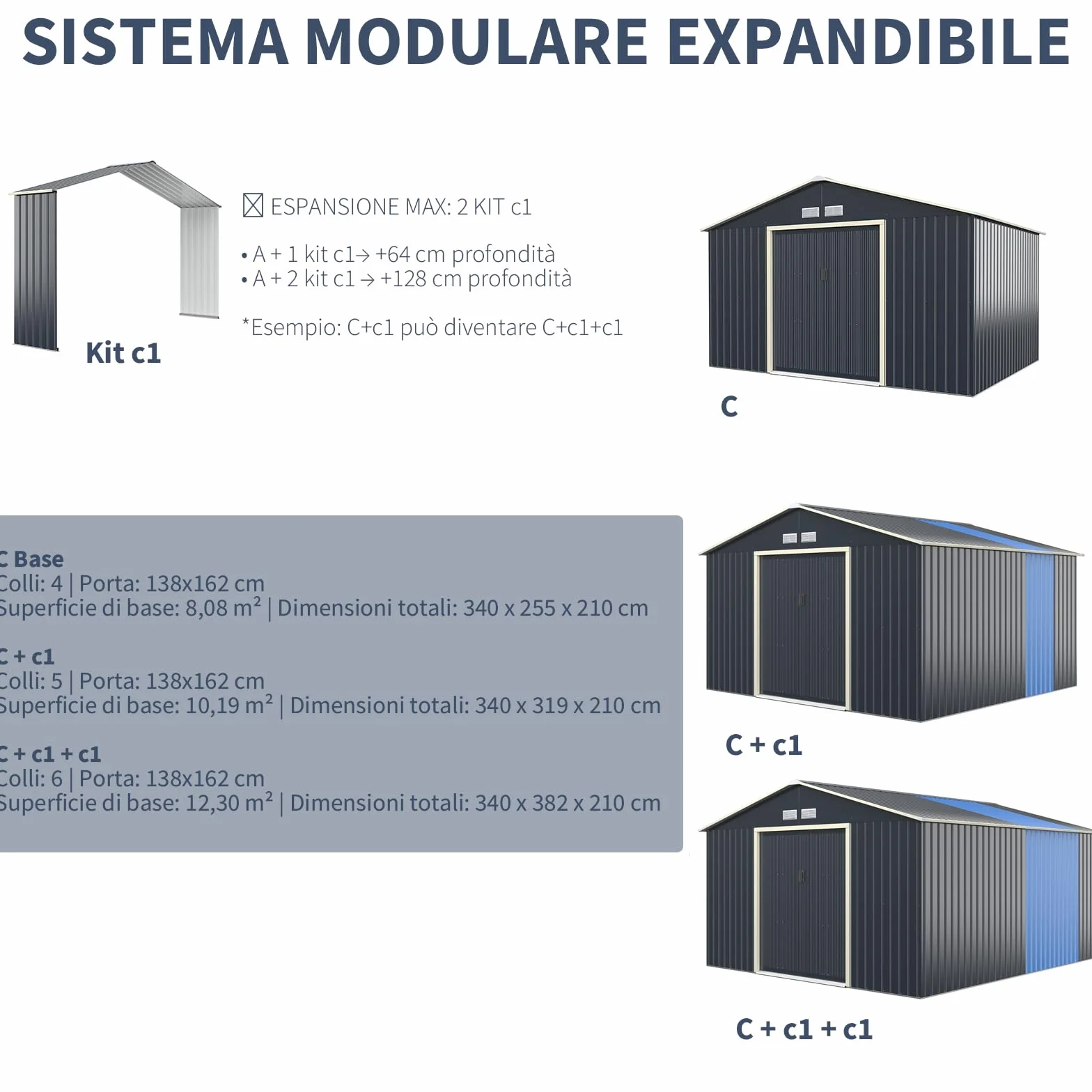 RELAX4LIFE Casetta da Giardino 340 x 319 x 210 cm (10,19 m²), Acciaio Zincato, 4 Prese d'Aria, Porta 117x162 cm, Tetto Inclinato, Porte Scorrevoli, Expandibile, Grigio