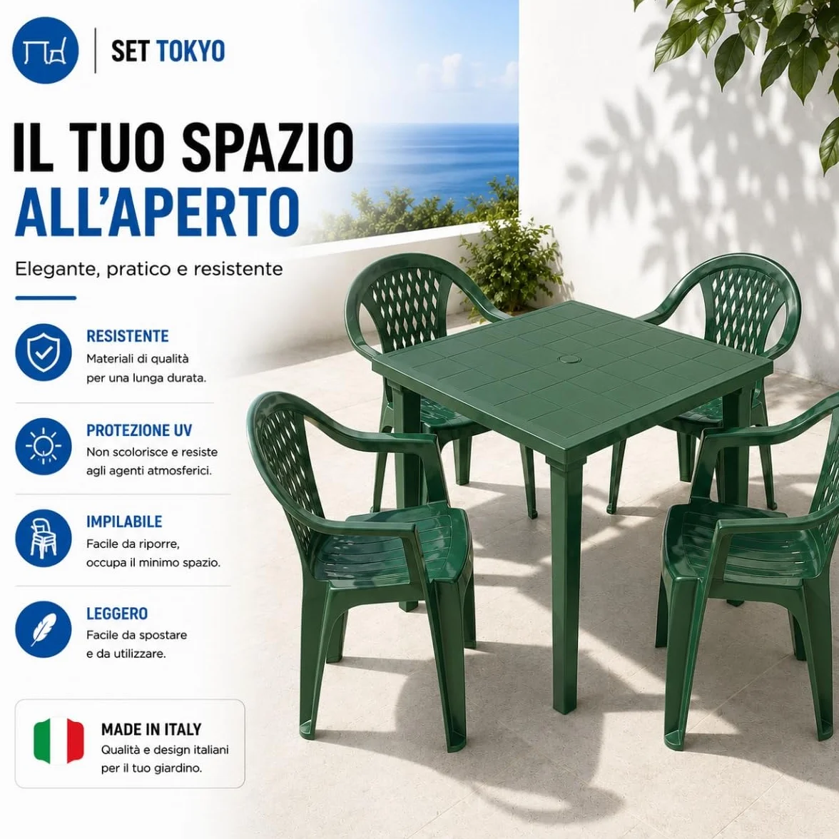 Tomaino Set Tokyo Tavolo da Giardino con 4 Sedie Impilabili con Braccioli Polipropilene Verde