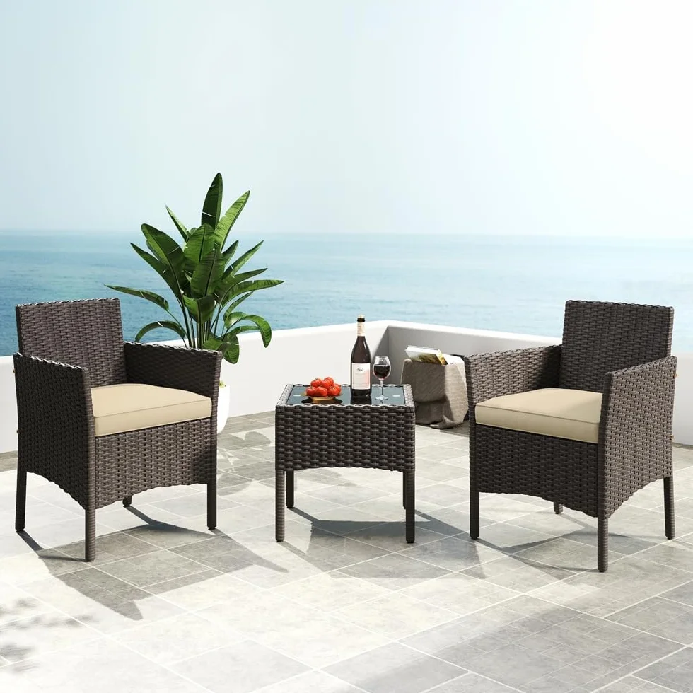 Yaheetech Set Mobili da Giardino 2 Poltrone e 1 Tavolino in Rattan PE Impermeabile Marrone