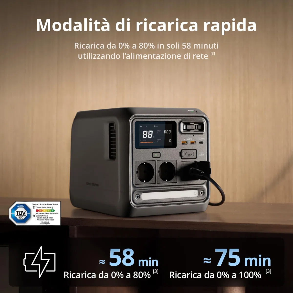 DJI Power 1000 Mini stazione di alimentazione portatile, batteria LFP 1008 Wh, dimensioni compatte, potenza max di 1000 W, ricarica da 0% a 80% in 58 minuti, generatore elettrico per casa e campeggio
