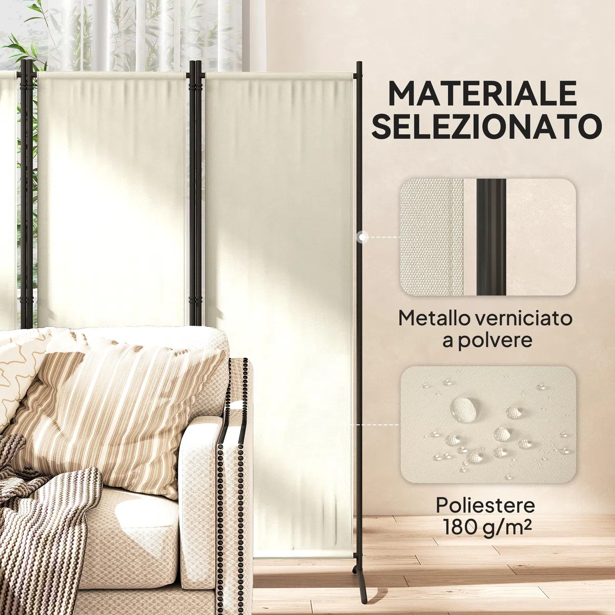 Outsunny Paravento Separé da Giardino 4 Pannelli Pieghevole, 221x50x172cm, Crema