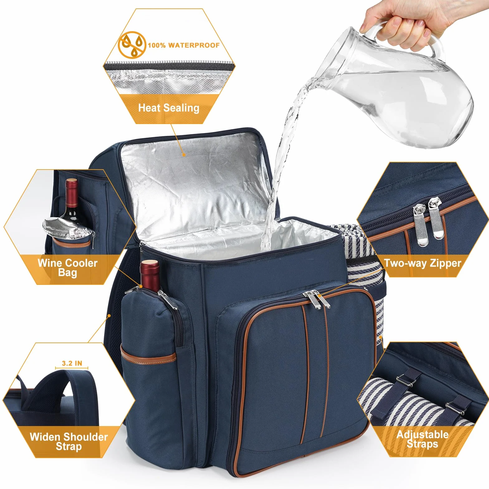 Zaino da picnic per 4, set cestini, borsa termica a prova di perdite, coperta, doppio ponte