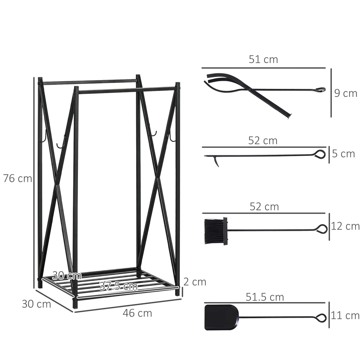 HOMCOM Scaffale Portalegna in Acciaio 4 Attrezzi, 46x30x76cm, Nero