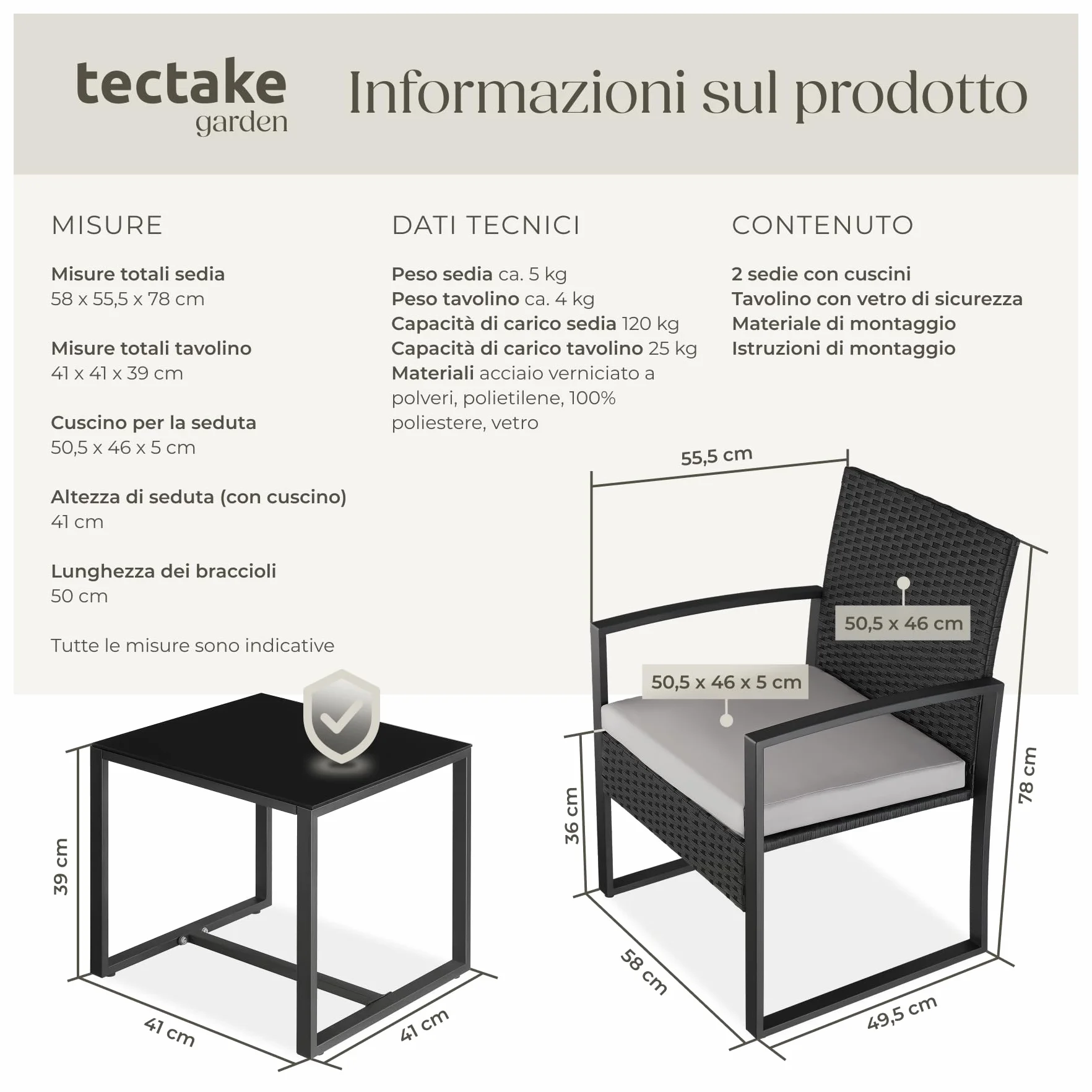 Tectake Salottino da Esterno Rattan Granada Set Giardino Tavolino Salotto Vetro Imbottiture Regolabile UV