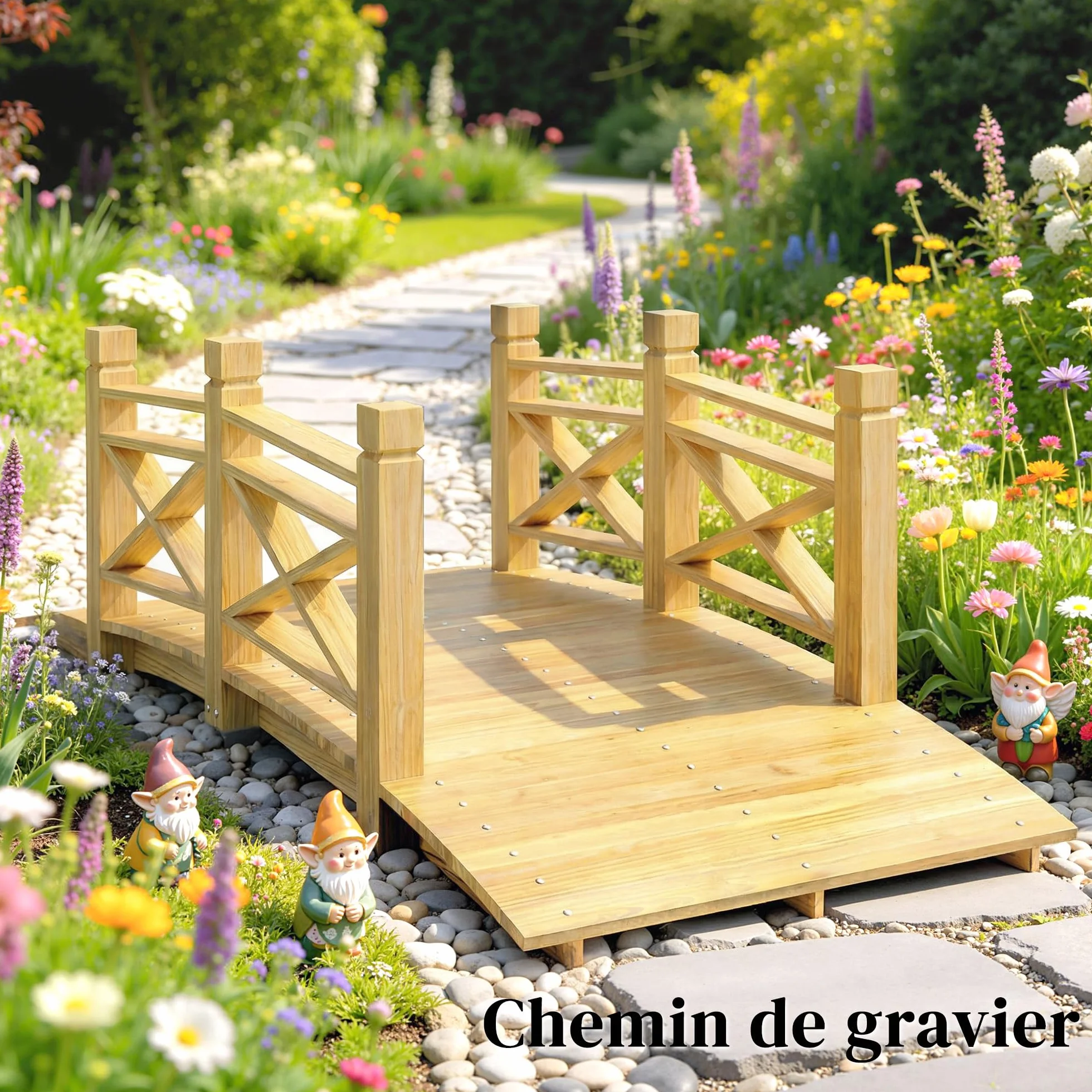 Outsunny Ponte da giardino in legno carbonizzato ad arco 1,74 m - Passerella con corrimano sicura e carico 200 kg - Decorazione esterna trattata e resistente, naturale
