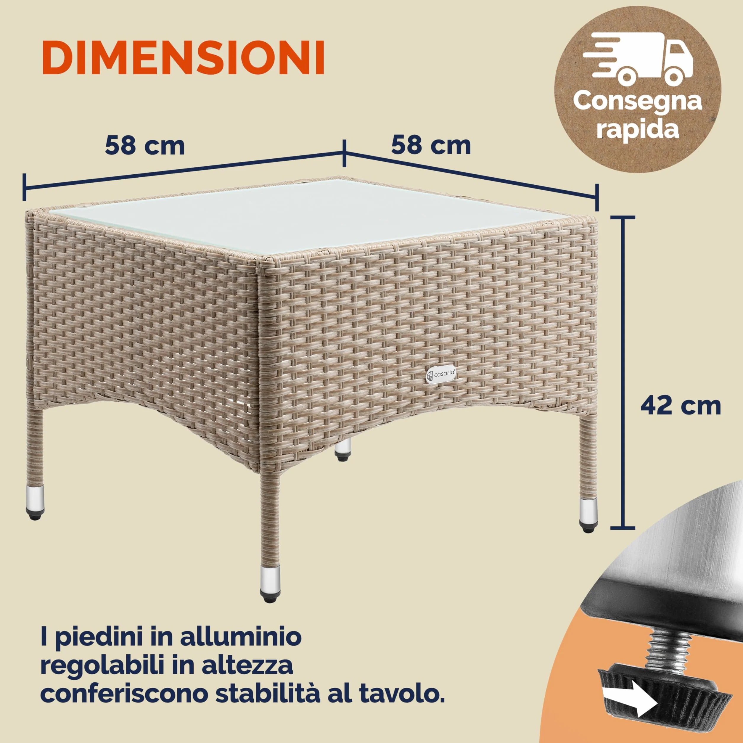 Casaria Tavolino da Giardino Esterno in Polyrattan 58x58x42cm Tavolo Basso da Caffè Quadrato Vetro