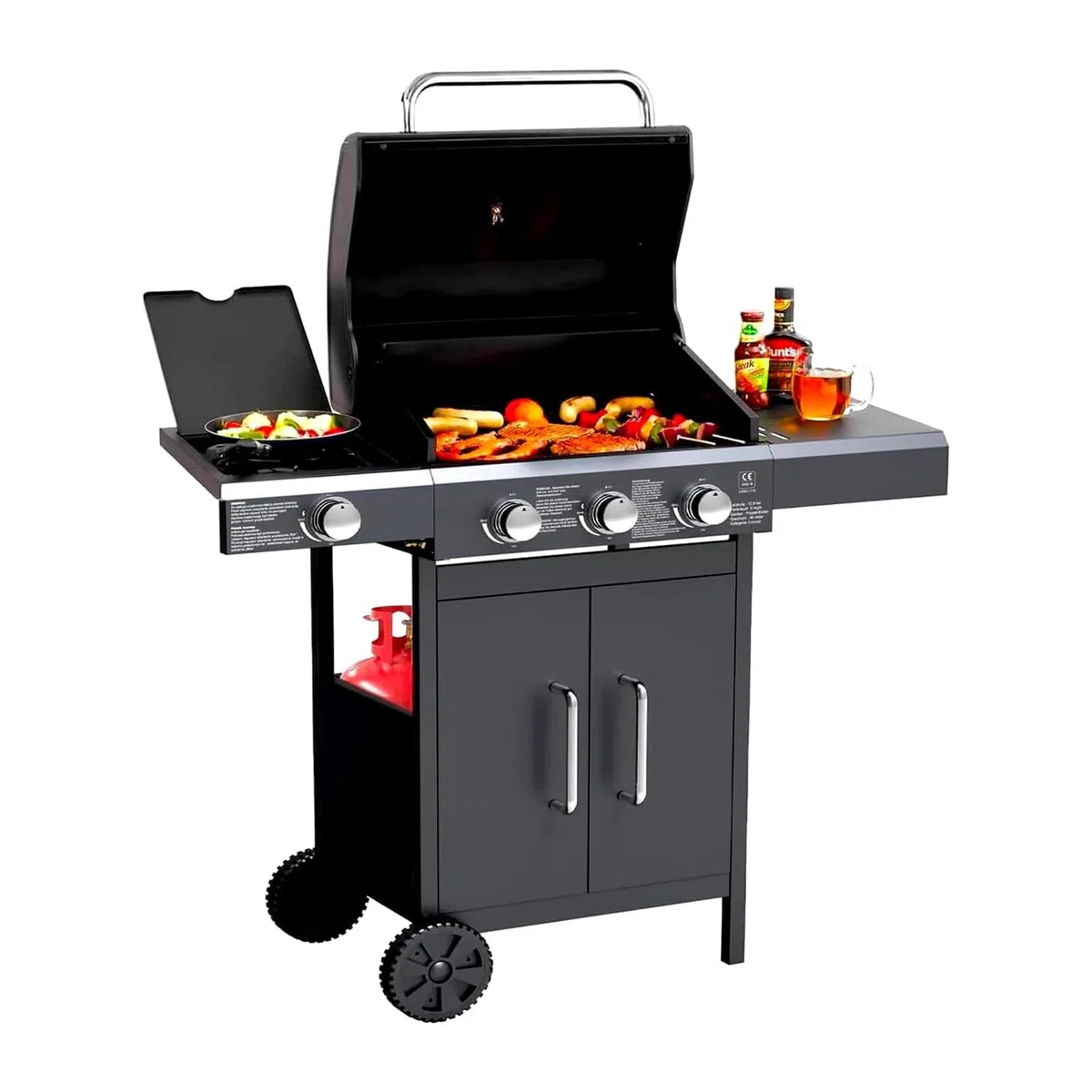 Avilia Barbecue a Gas GPL 3 Fuochi Fornello Laterale Griglia Acciaio Piastra Ghisa BBQ Termometro
