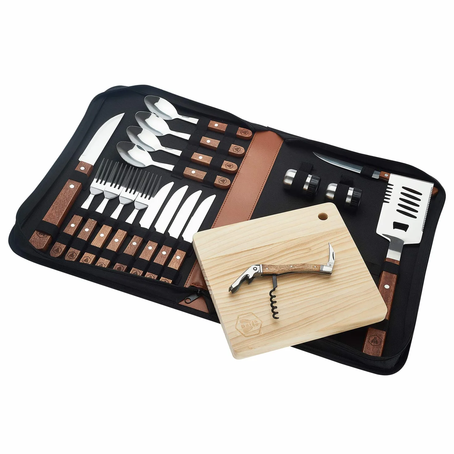 LAGUIOLE Set Completo da Picnic 18 Pezzi Coltelli Forchette Cavatappi Maniglie in Legno di Pino