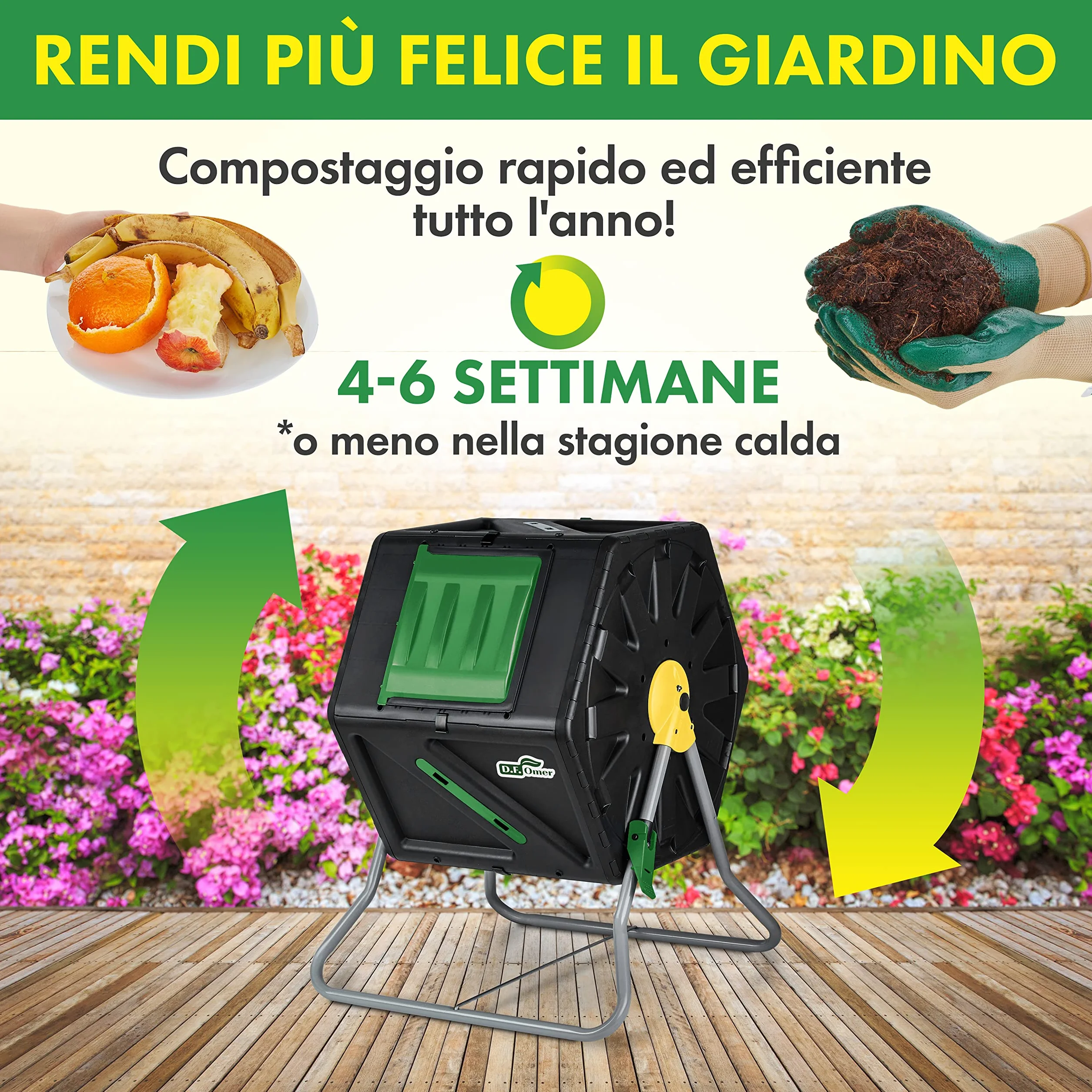 DF OMER, Contenitore Compostaggio Giardino a Camera Singola, Grande Volume, Design Compatto, Capacità 105 l, Compostiera Girevole Robusta per Tutte le Stagioni