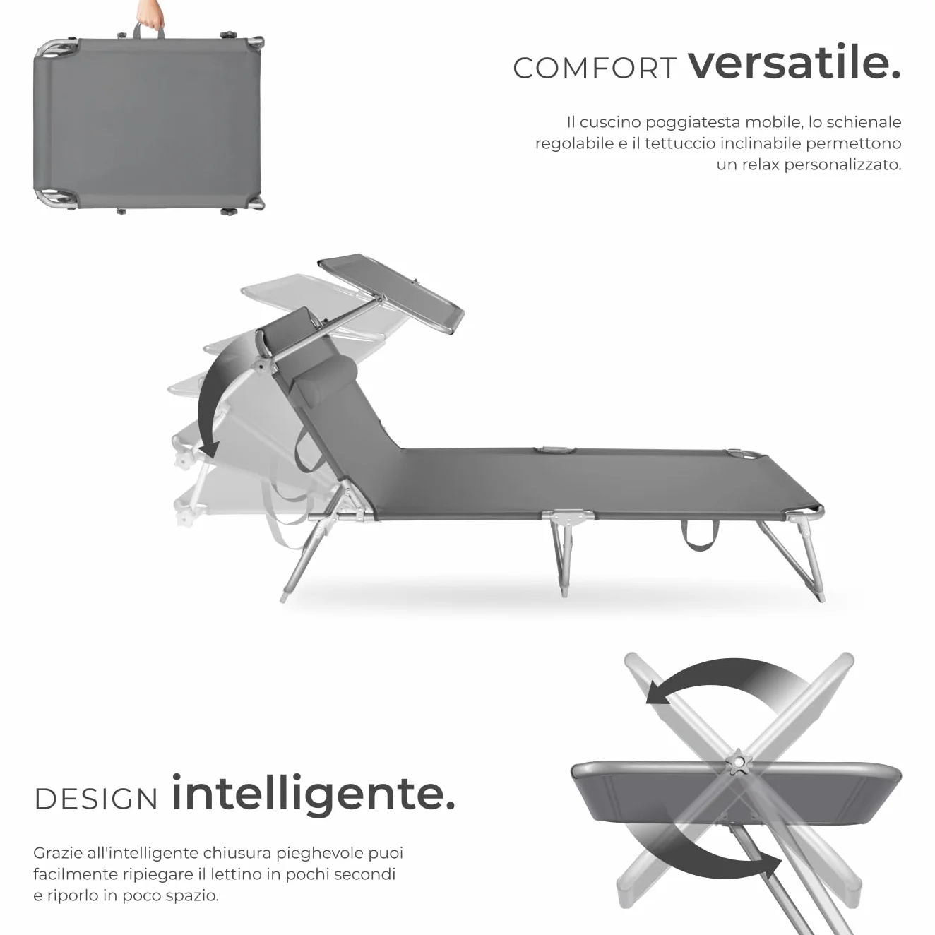 tectake Lettino Pieghevole con Parasole, Schienale Regolabile 4 Posizioni, Rivestimento Resistente - Grigio