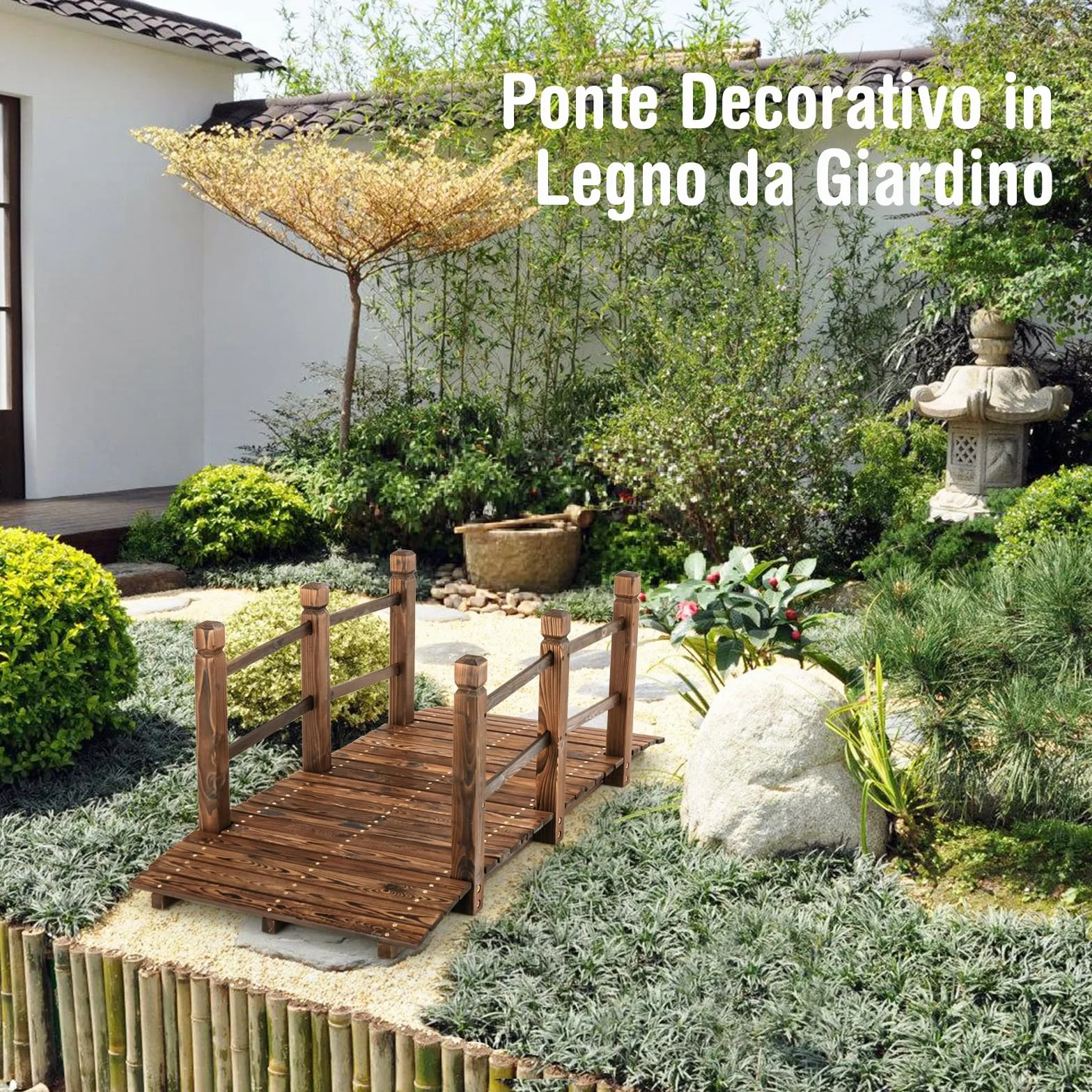 COSTWAY Ponte da Giardino in Legno, Ponte Decorativo ad Arco con Doppie Sbarre di Sicurezza, Struttura in Abete per Percorso Esterno per Cortile, Strada di Ghiaia, Ruscello, Fattoria (Legno)