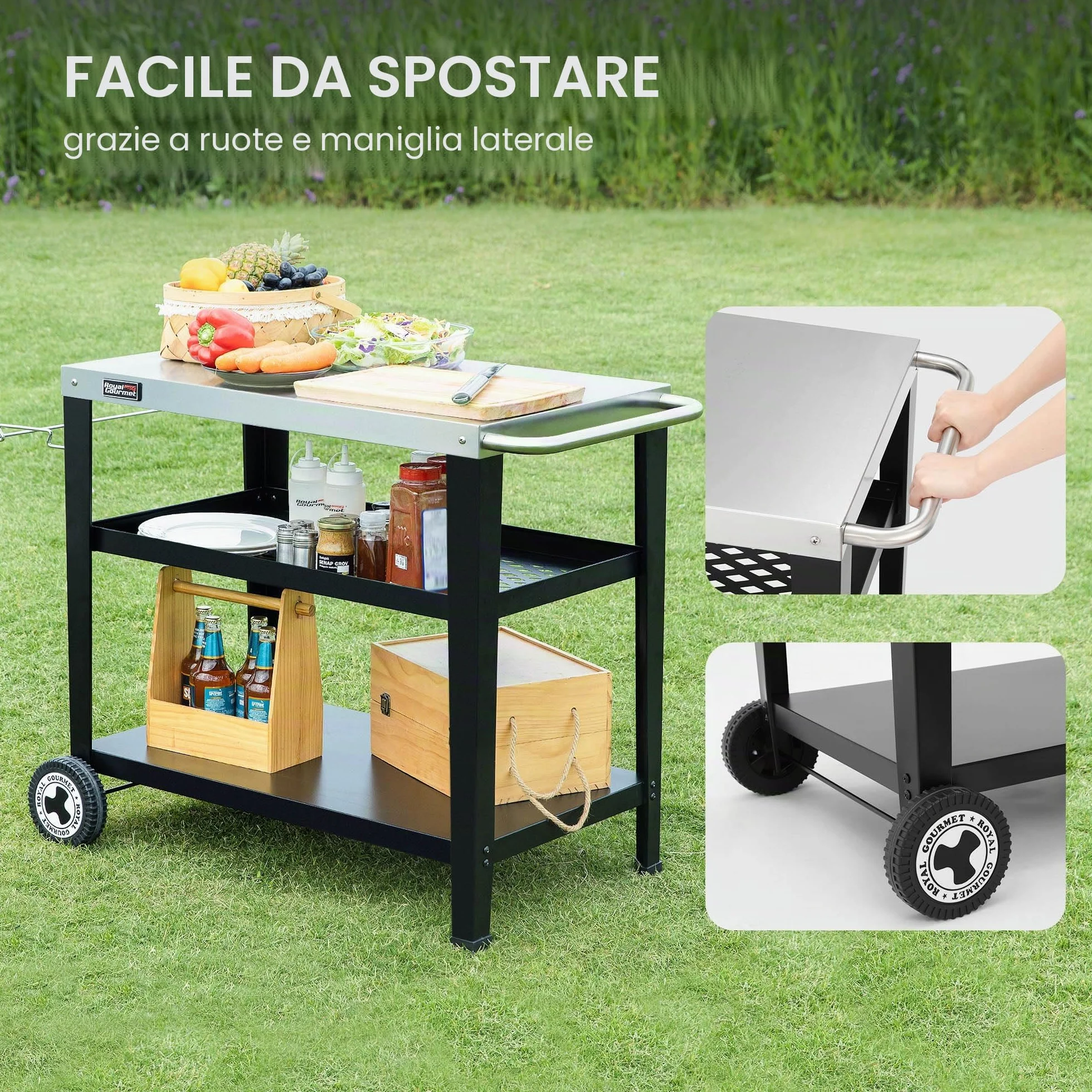 Royal Gourmet Carrello da portata a 3 piani in acciaio inox 85 x 50 cm argento