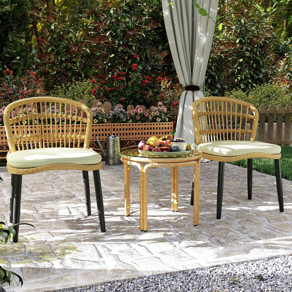 Outsunny Tavolino da Giardino in Rattan e Vetro, Tavolo da Caffè Rotondo Ø50x44 cm, Giallo