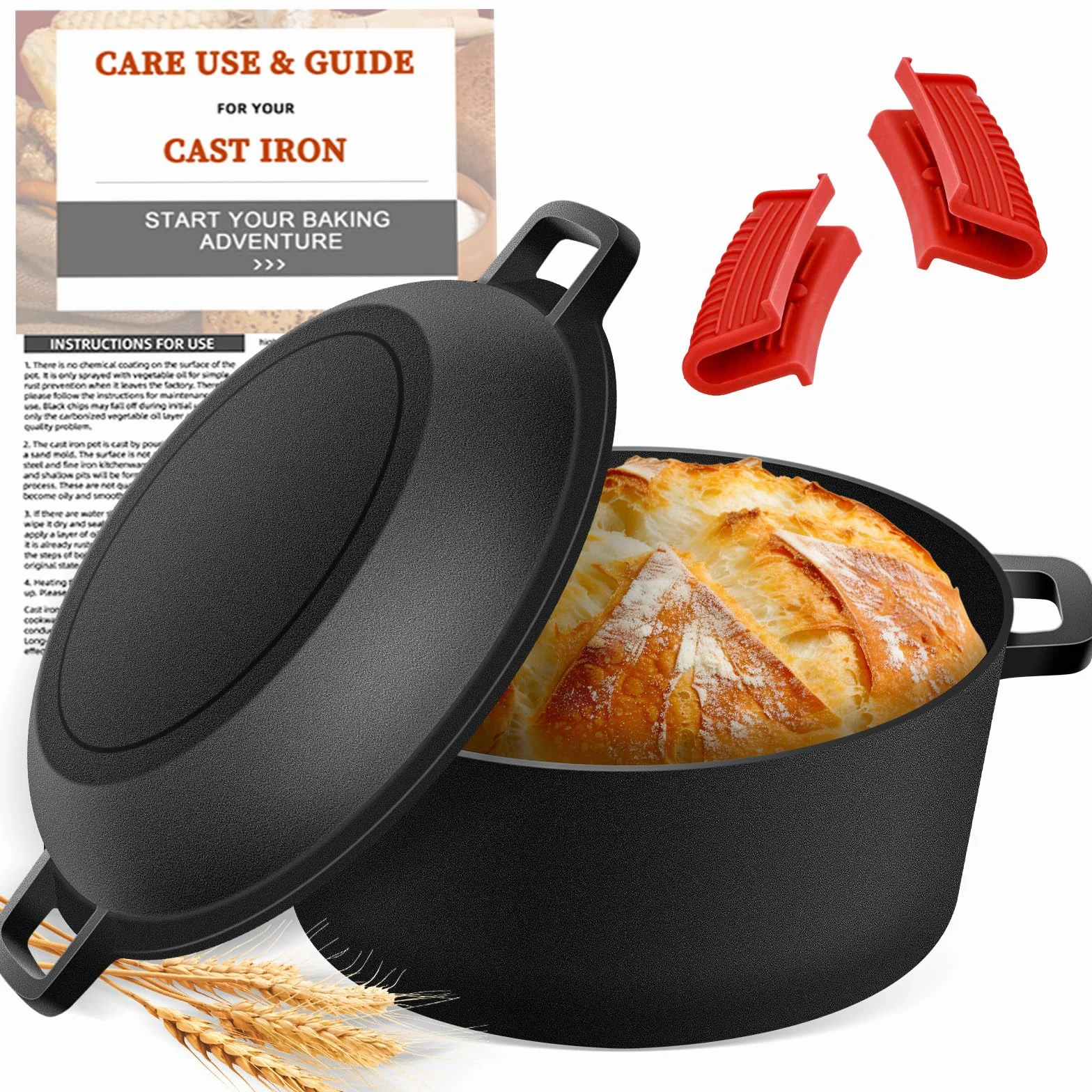 Pentola in ghisa olandese NZQXJXZ per la cottura del pane, casseruola con coperchio, fornelli, 2 in 1 con padella, 5QT