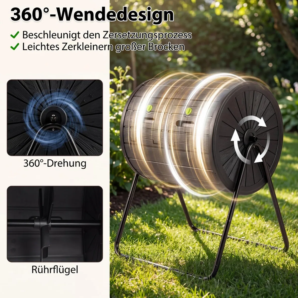 HOMASIS 142L Compostiera da Giardino, Compostiera Girevole a 360° in PP con Lame di Miscelazione, per Compostaggio Rifiuti Organici, Efficiente in 4-6 Settimane, Attrezzi da Giardinaggio (Nero)