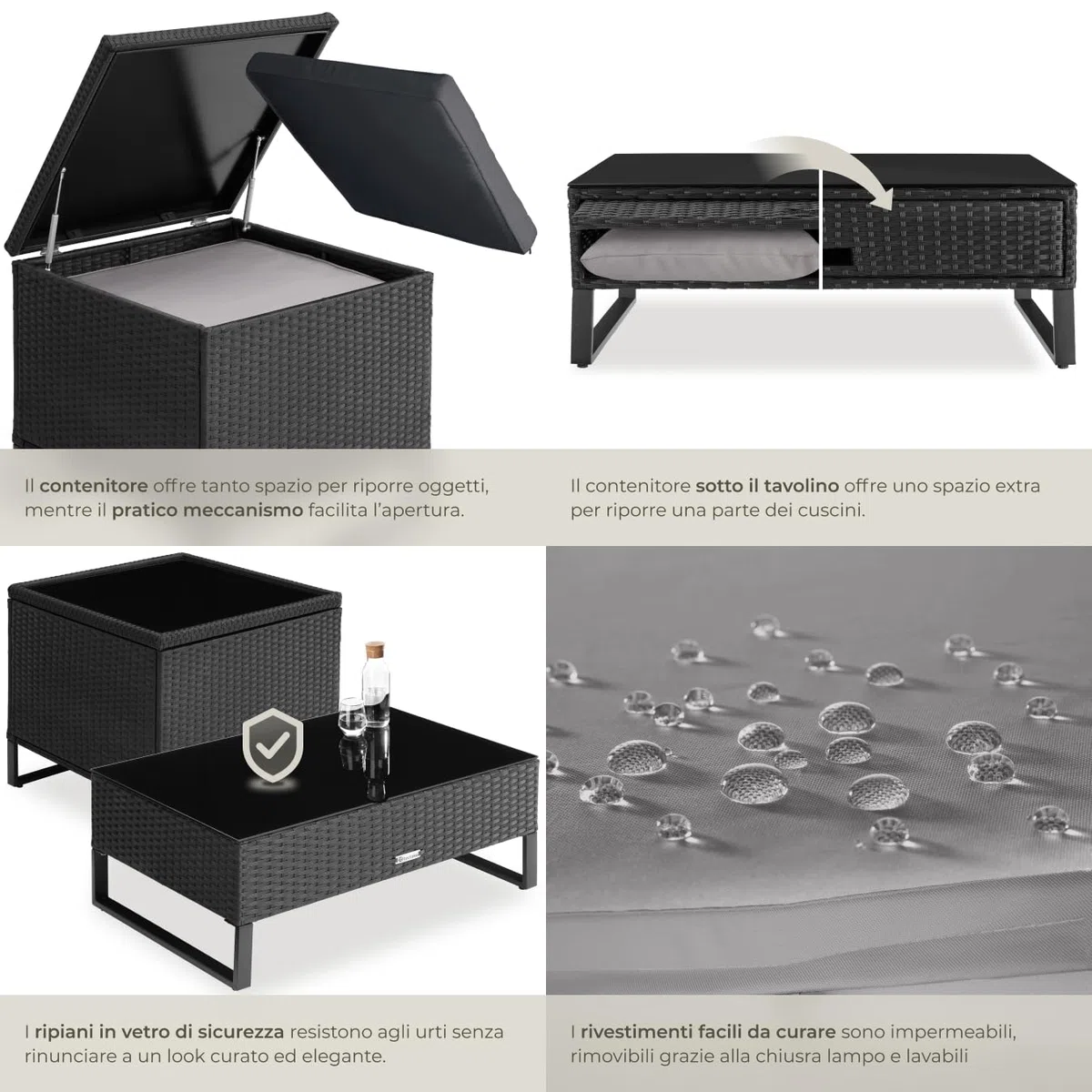 tectake® Salottino in Rattan Ostuni, Set da Giardino con 2 Sofà e 1 Tavolo con Lastra in Vetro, Box Contenitore, Cuscini Spessi, Telaio in Acciaio, Intreccio in Polyrattan - Nero