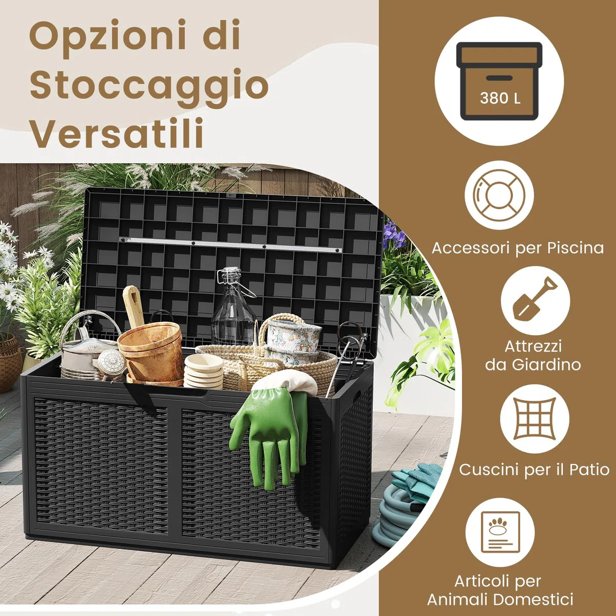 COSTWAY Baule da Esterno 380 L, Cassapanca Contenitore Impermeabile in Effetto Rattan con Coperchio Bloccabile e Ruote, Baule Salvaspazio per Mantenere Cuscini e Attrezzi da Interno e Esterno (Nero)