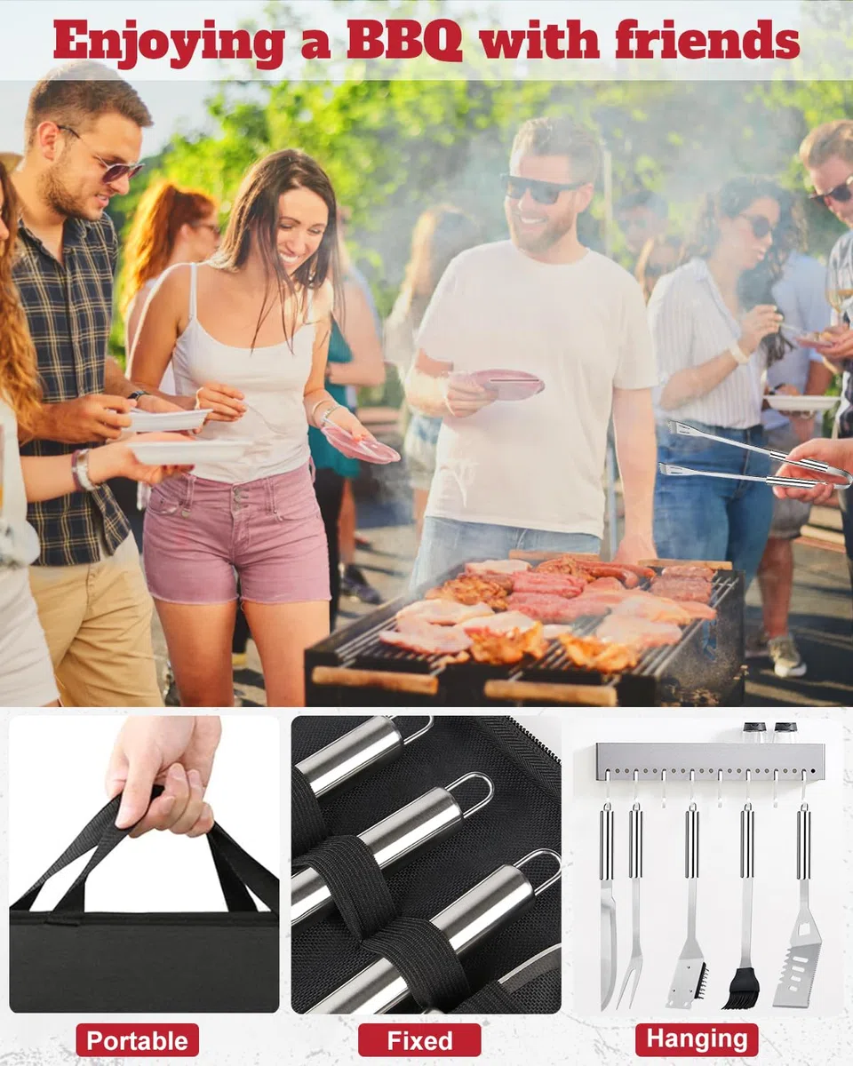 28Pcs Set BBQ Accessori Barbecue Utensili Professionali in Acciaio Inox, Pratico Kit Attrezzi Barbecue Cucina con Borsa Portatile, Griglia Barbecue Accessori Camping, Regalo Compleanno Uomo e Papa