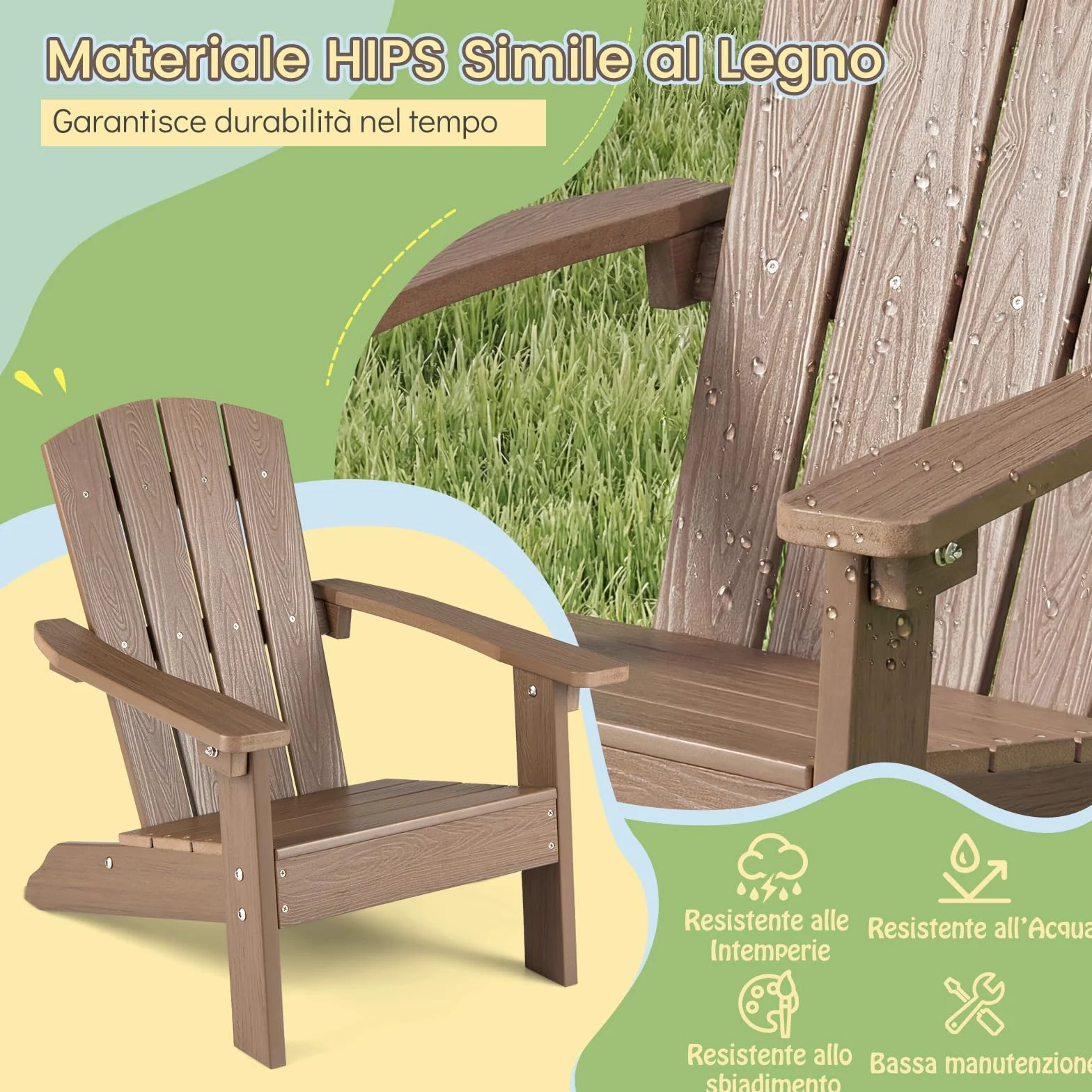 COSTWAY Sedia Adirondack per Bambini, Poltrona da Giardino in Plastica Resistente alle Intemperie con Schienale a Doghe Inclinato, Sedia Adirondack per Patio e Balcone, Portata 75 kg (Marrone)