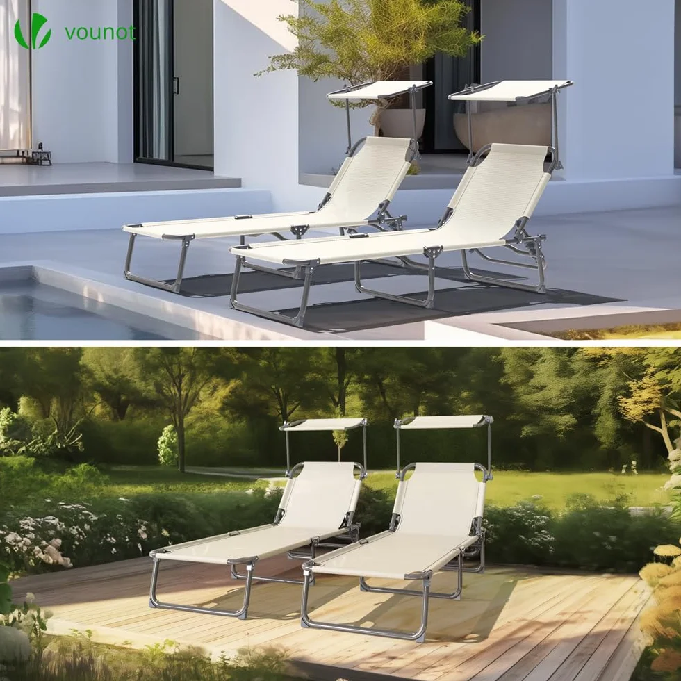 VOUNOT® Sdraio da Giardino Pieghevole, Set di 2 Lettini Prendisole con Tettuccio Parasole, Beige