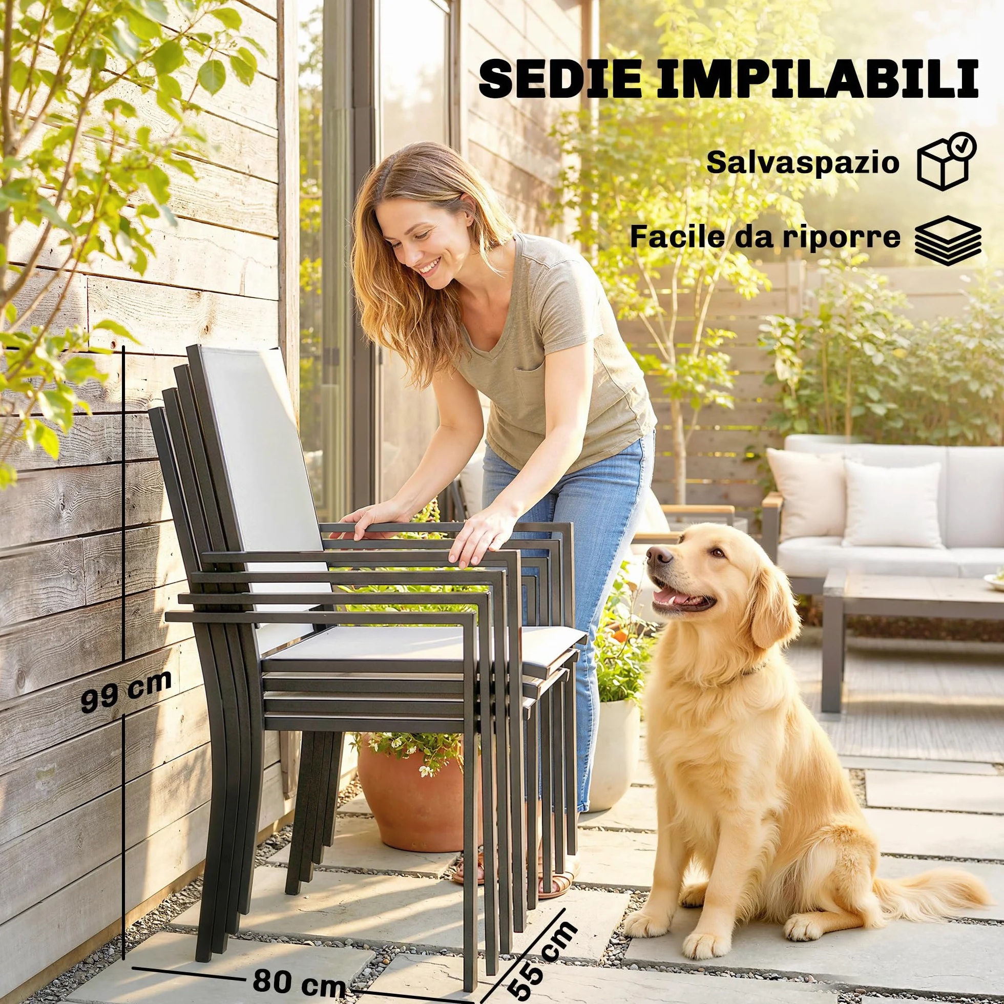 Outsunny Set Tavolo e Sedie da Giardino 5 Pezzi, Set Pranzo Esterno con 4 Sedie Impilabili Texteline, Tavolo Vetro Temperato, Foro Ombrellone, Acciaio, Grigio Chiaro