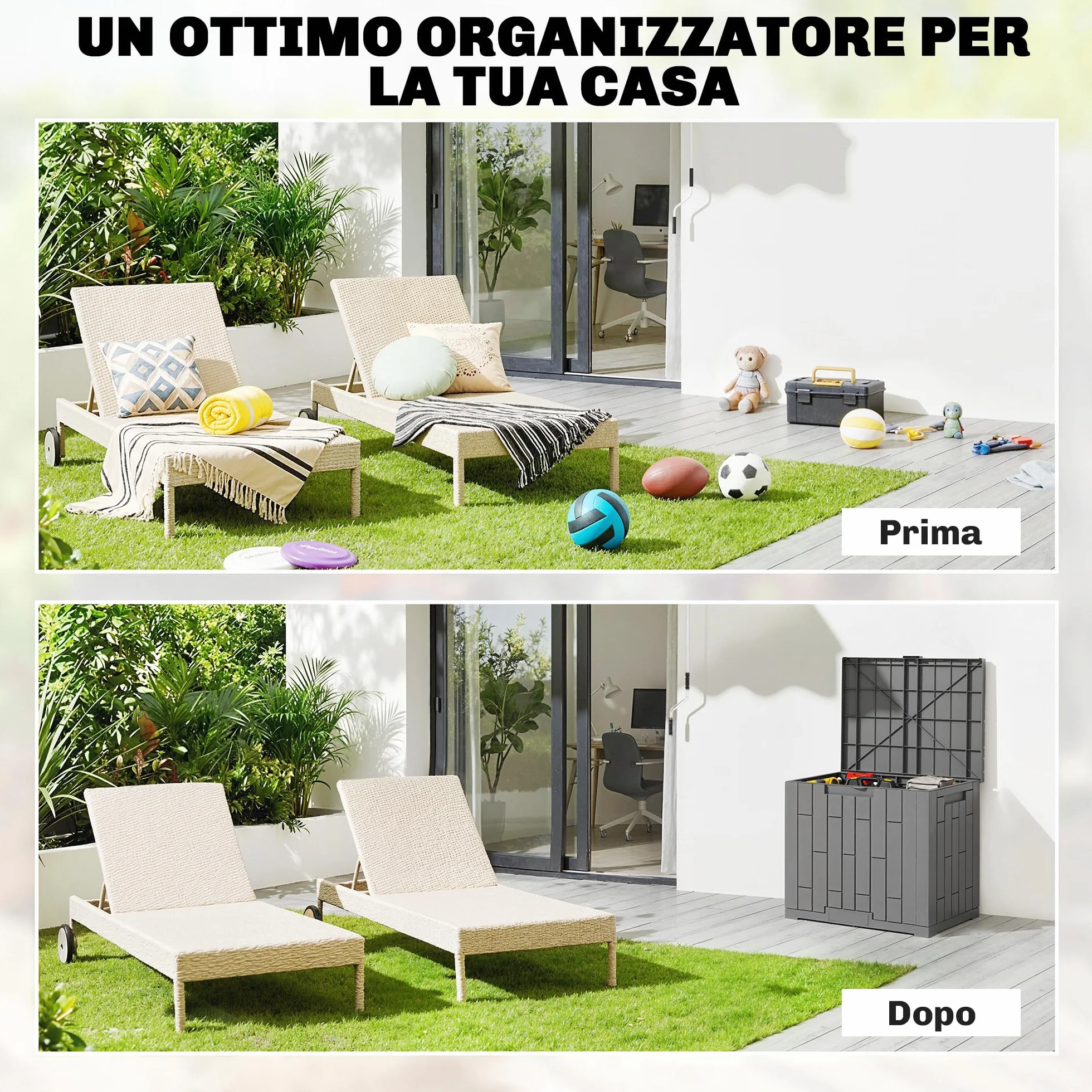 Outsunny Baule da Esterno 114L PP con Coperchio Serratura e Protezione UV, Effetto Legno Grigio