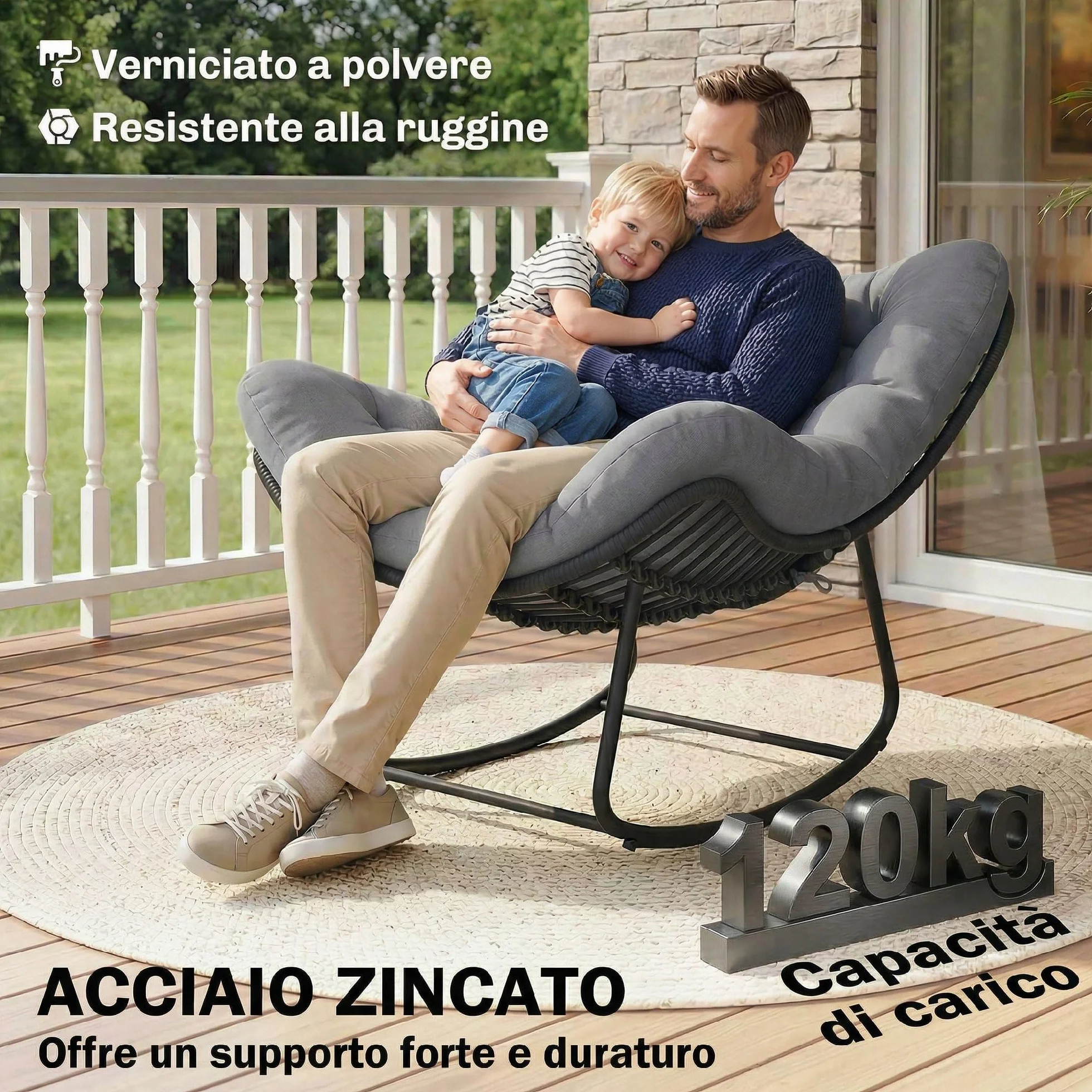 Outsunny Sedia a Dondolo in Rattan Oversize con Cuscino, Struttura Metallo Zincato, Max 120 kg, Grigio Scuro