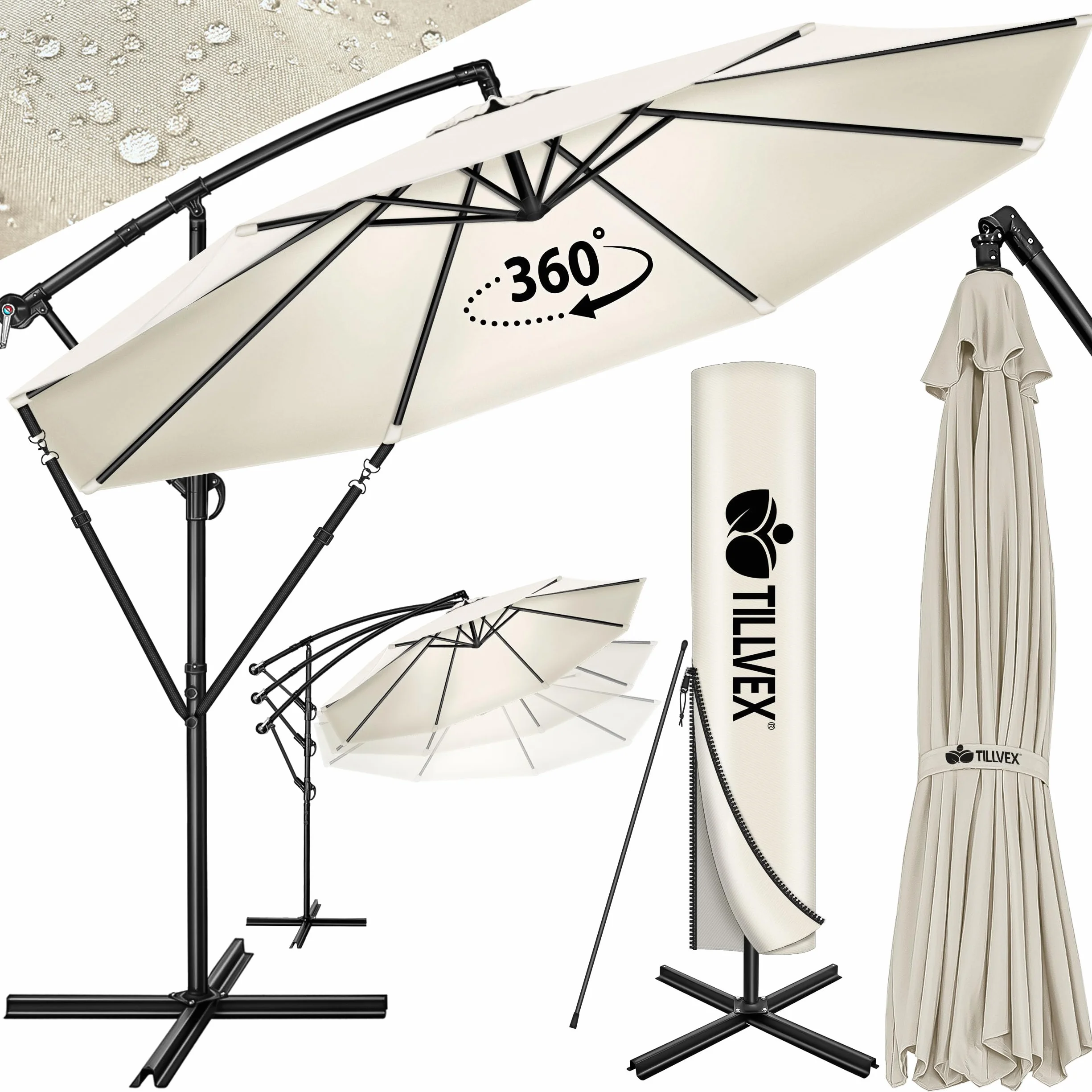 Tillvex Ombrellone da Giardino Ø 300 cm Alluminio Con Protezione UV Impermeabile Base Inclusa