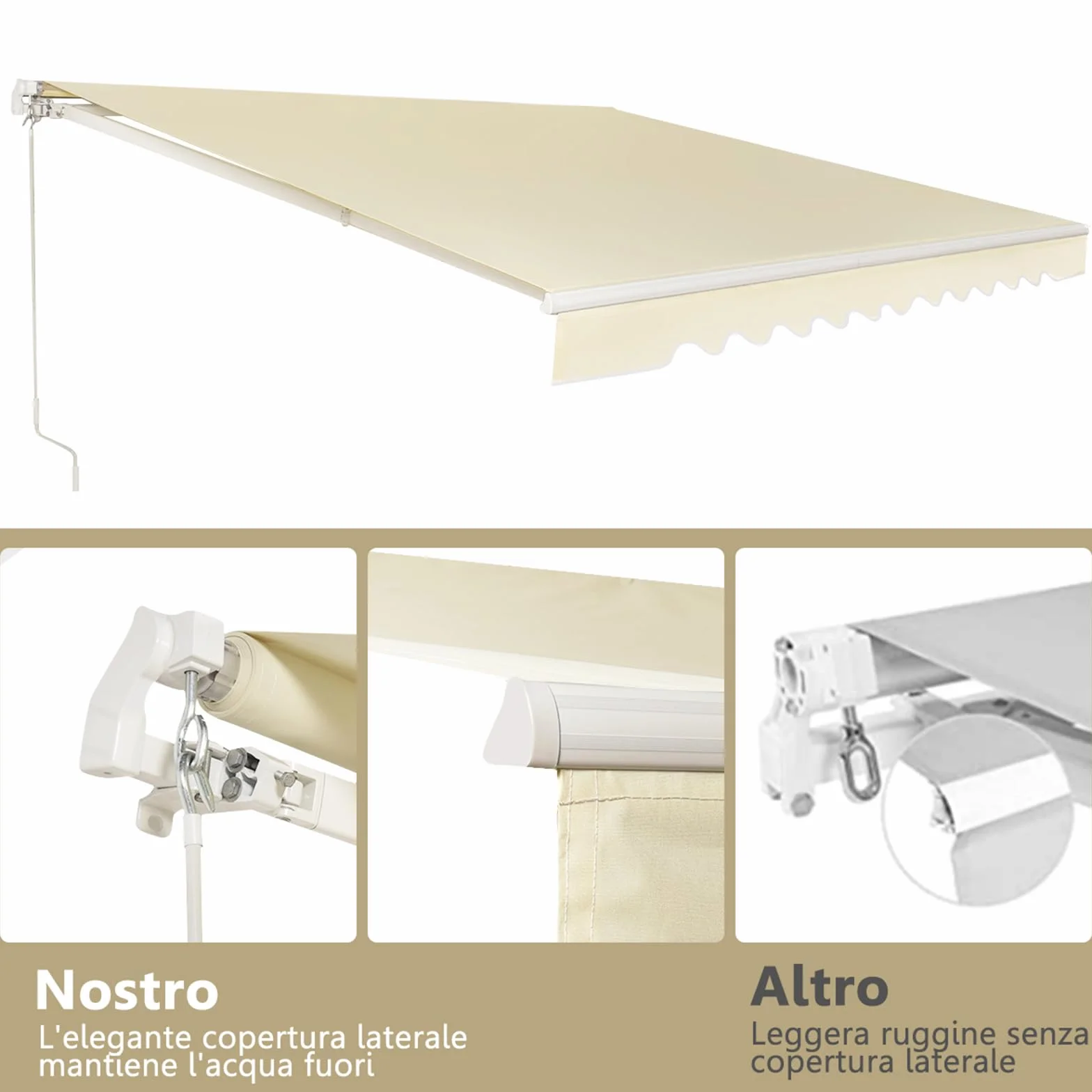 COSTWAY Tenda da Sole per Esterno Avvolgibile 3,6 x 3 M, Bracci Estensibili in Alluminio, Resistente al Sole e Impermeabile, Beige