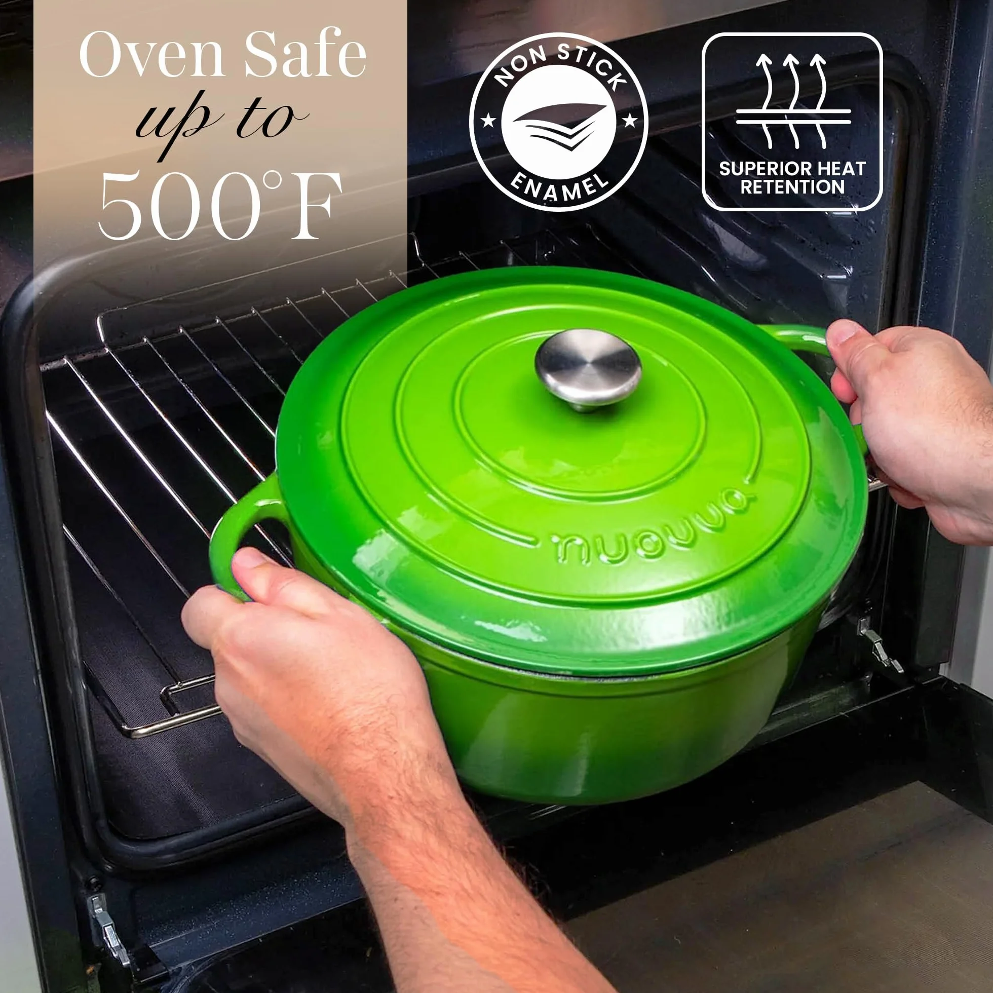 Casseruola in Ghisa Smaltata, Pentola Olandese Antiaderente con Coperchio, Induzione/Gas/Forno, Cottura Omogenea – 4.7 Liter 28cm Verde – da Nuovva