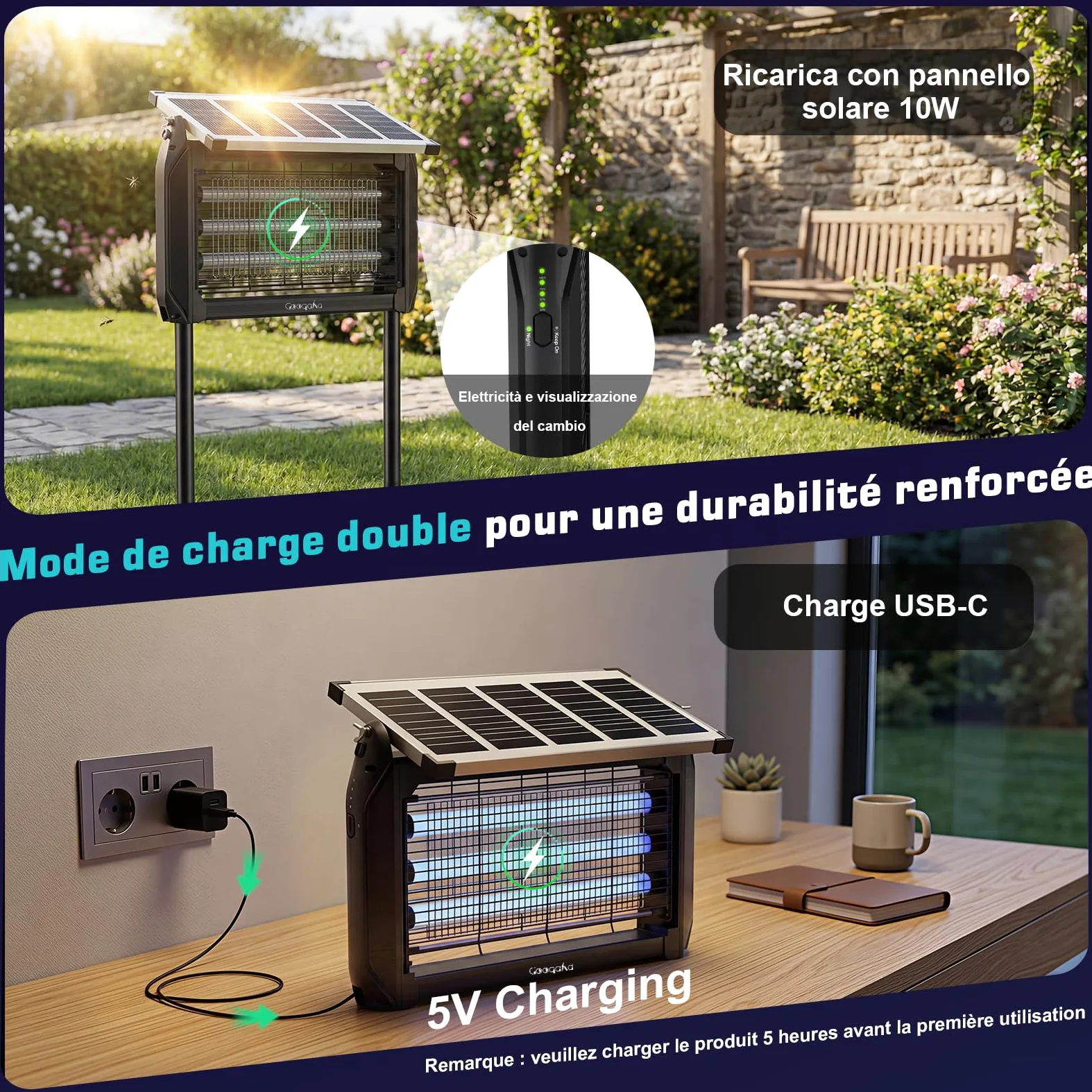 Lampada Antizanzare Elettrica Solare,Zanzariera Elettrica da Esterno 4000V, Ricarica Solare e USB,UV 10W, IPX5 Anti Mosche Elettrico Impermeabile, Ideale per Patio, Giardino e Campeggio