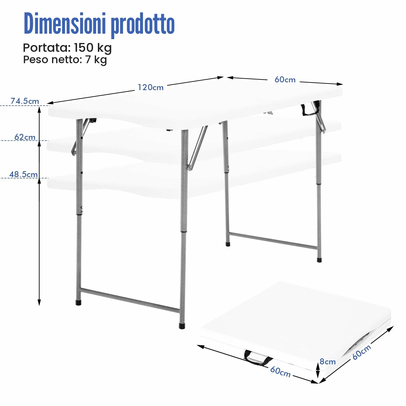 KOMFOTTEU Tavolo Pieghevole Regolabile in Altezza 120x60x74,5 cm Bianco HDPE Ferro Campeggio Picnic