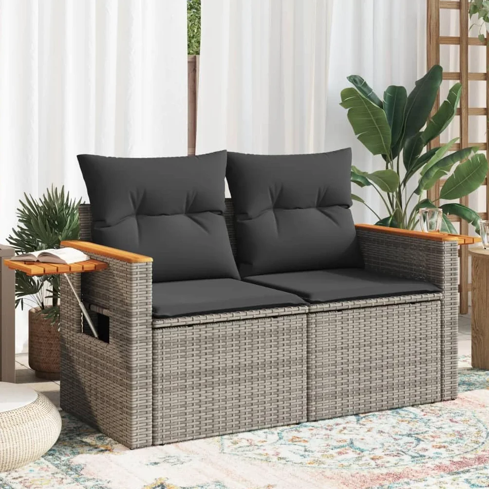 IKAYAA Divanetto da Esterno 2 Posti con Contenitore Divano da Giardino in Polyrattan Salotto da Giardino in Polyrattan Set da arredo per Esterno con Cuscini-Grigio-2 pz