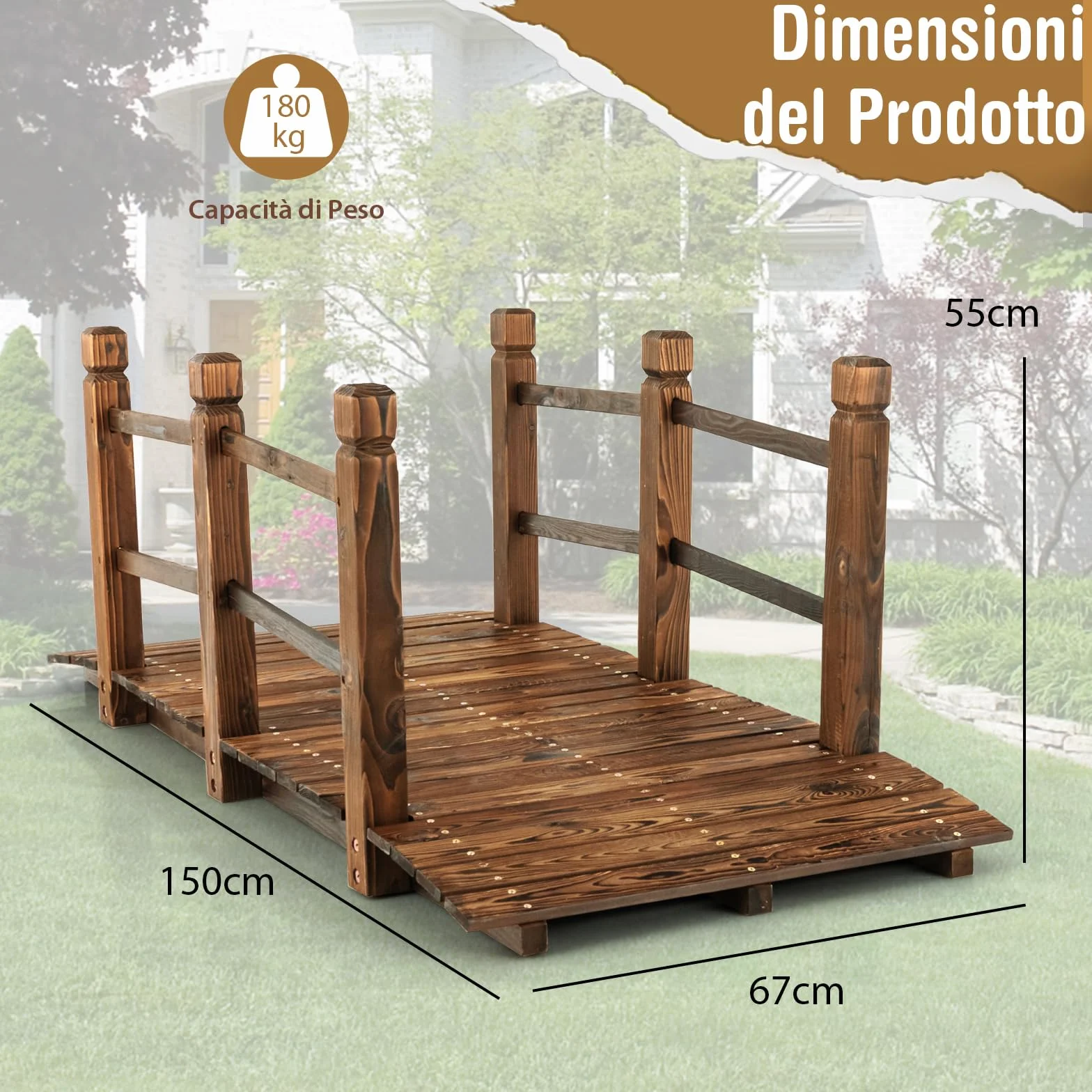 COSTWAY Ponte da Giardino in Legno, Ponte Decorativo ad Arco con Doppie Sbarre di Sicurezza, Struttura in Abete per Percorso Esterno per Cortile, Strada di Ghiaia, Ruscello, Fattoria (Legno)