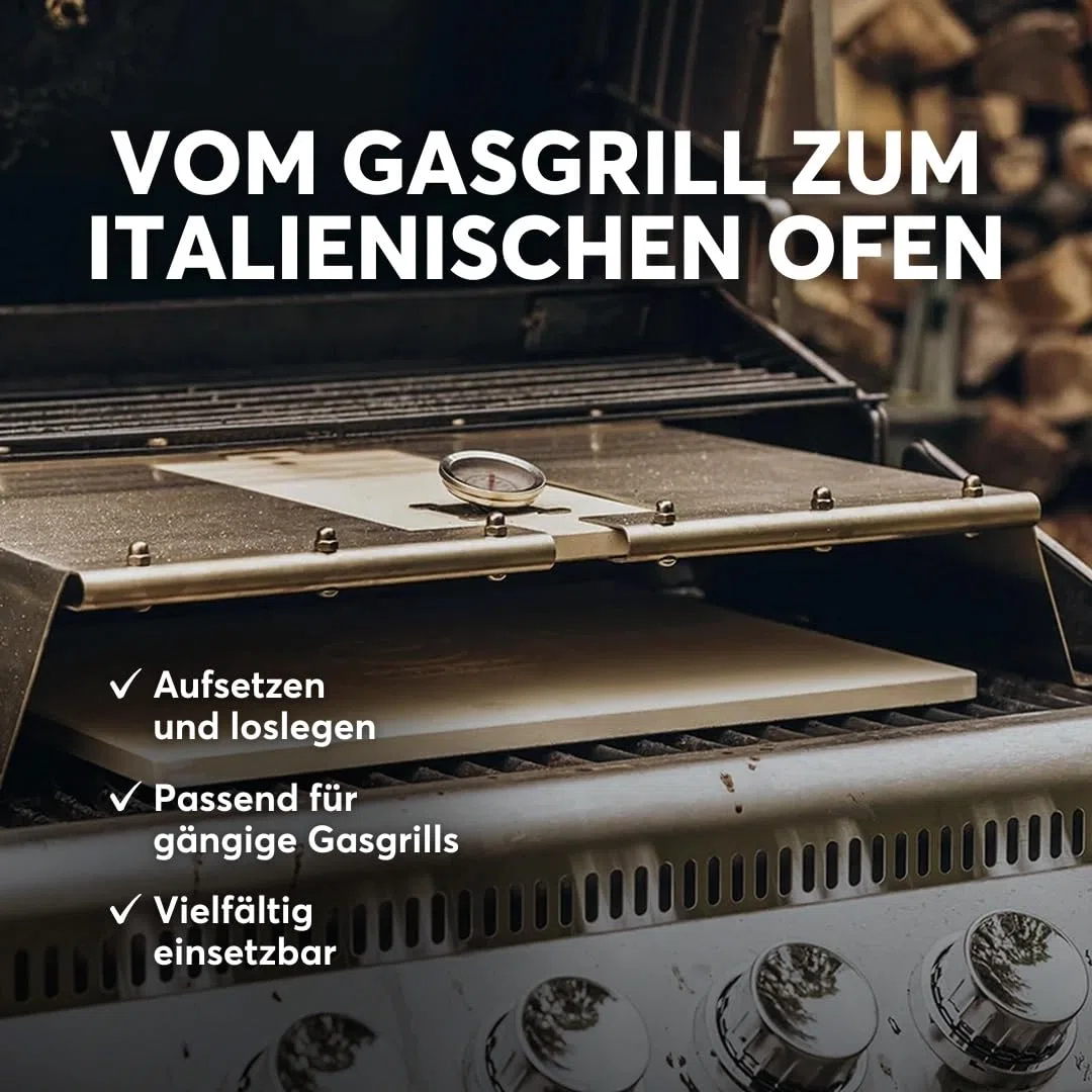 Griglia a gas Moesta-BBQ PizzaCover Flex in acciaio inox con tetto a codierite regolabile 600-900 mm