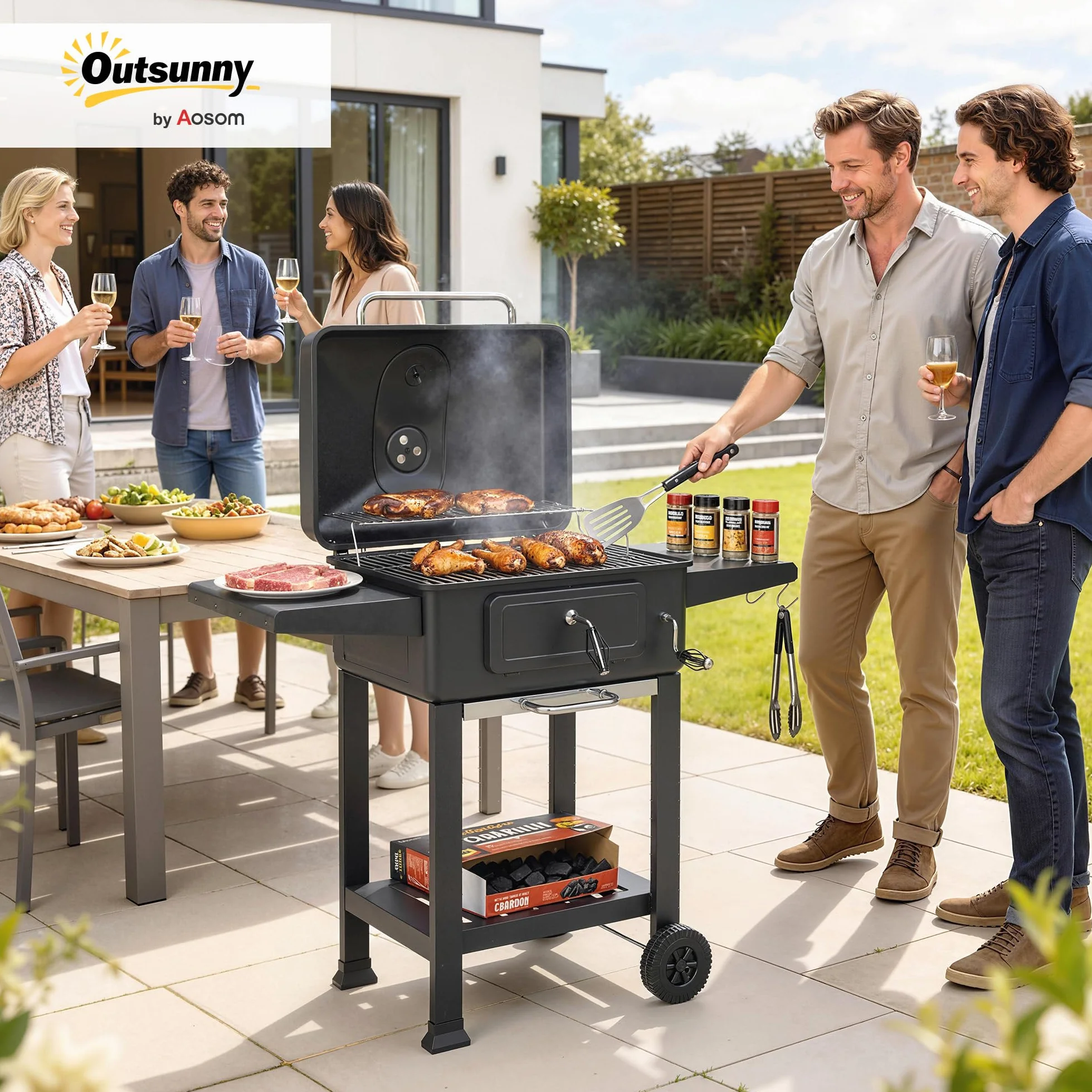 Outsunny Barbecue Carbonella Carrello BBQ Portatile con Griglia e Coperchio, Nero