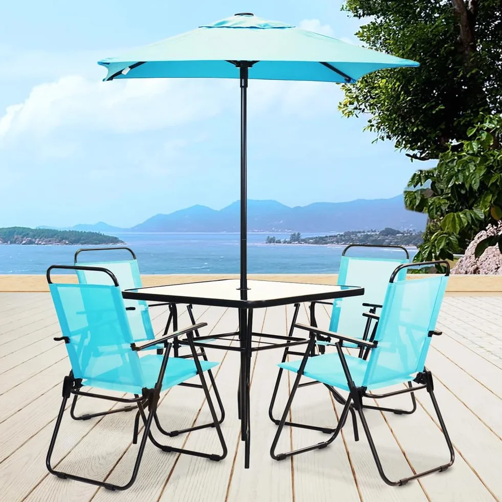 Shally Dogan Set da Pranzo Giardino 6 Pezzi con Ombrellone, 4 Sedie Pieghevoli, Tavolo Vetro Temperato, UV Resistente, Arredamento Esterno
